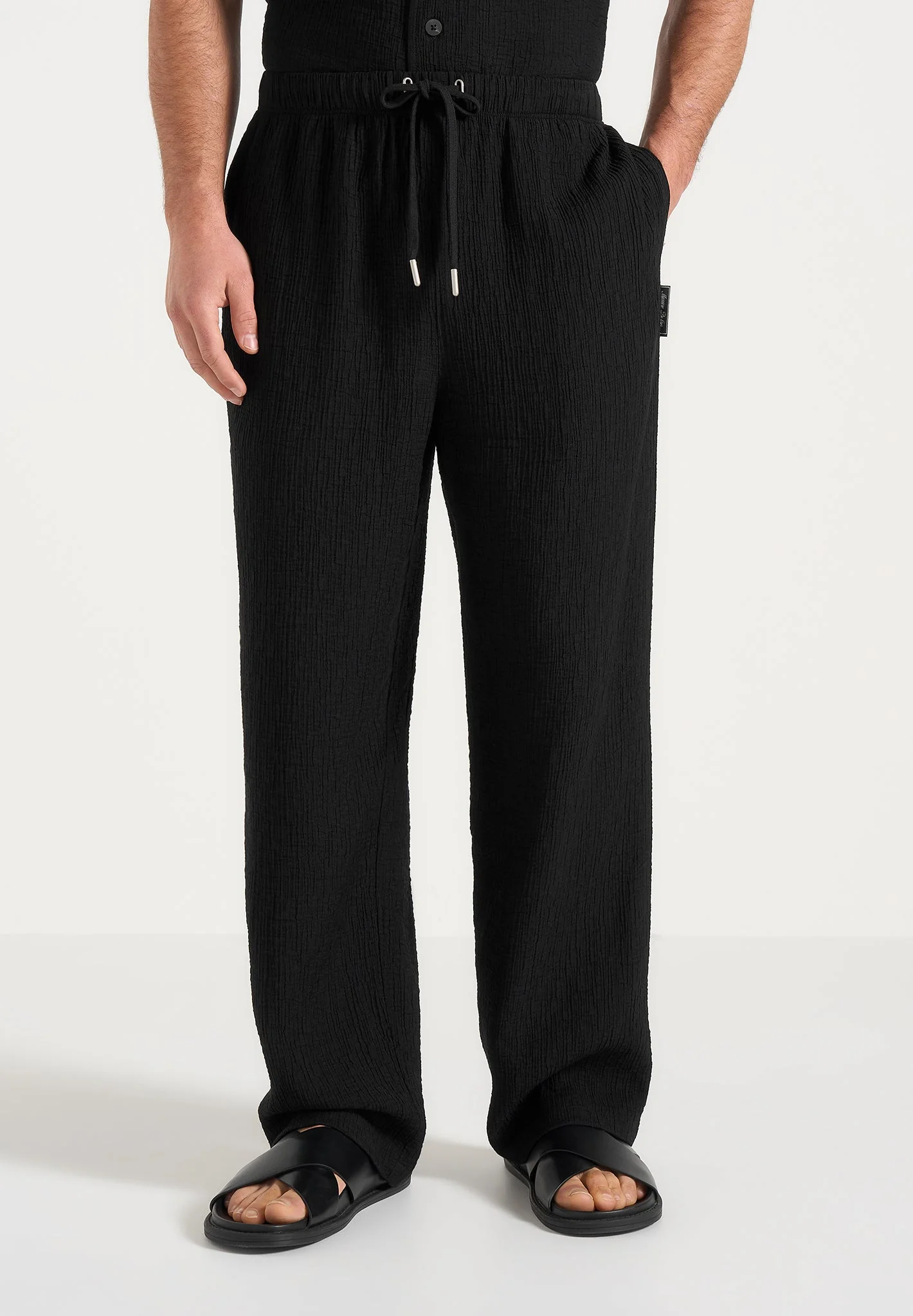 Addison - Unisex Textured Relaxed Fit Trousers - Black - Image 3