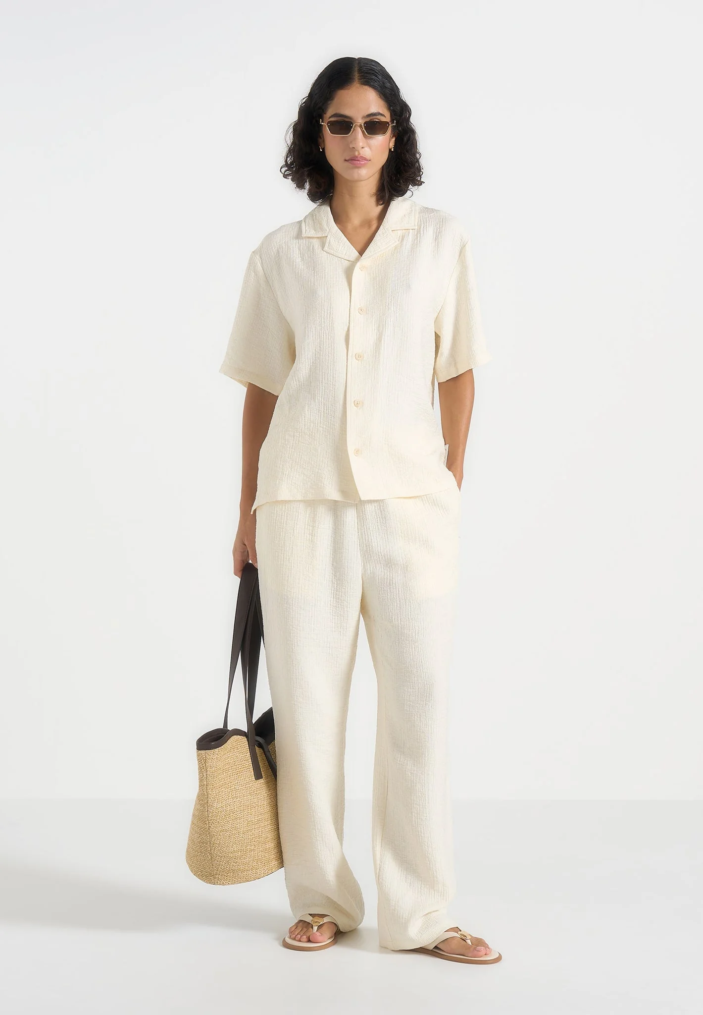 Addison - Unisex Textured Relaxed Fit Trousers - Cream - Image 3