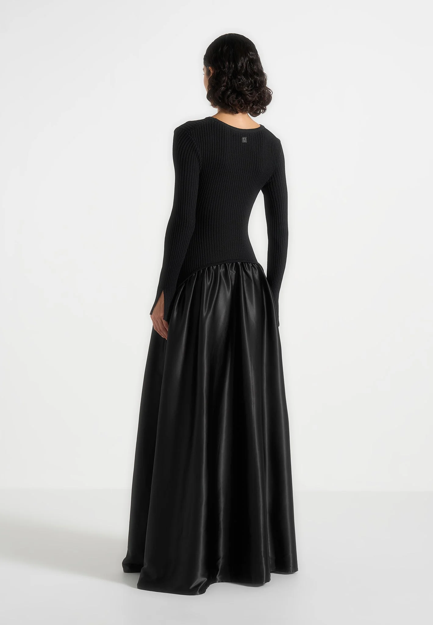 Adeline - Knit & Satin Curved Hem Maxi Dress - Black - Image 5