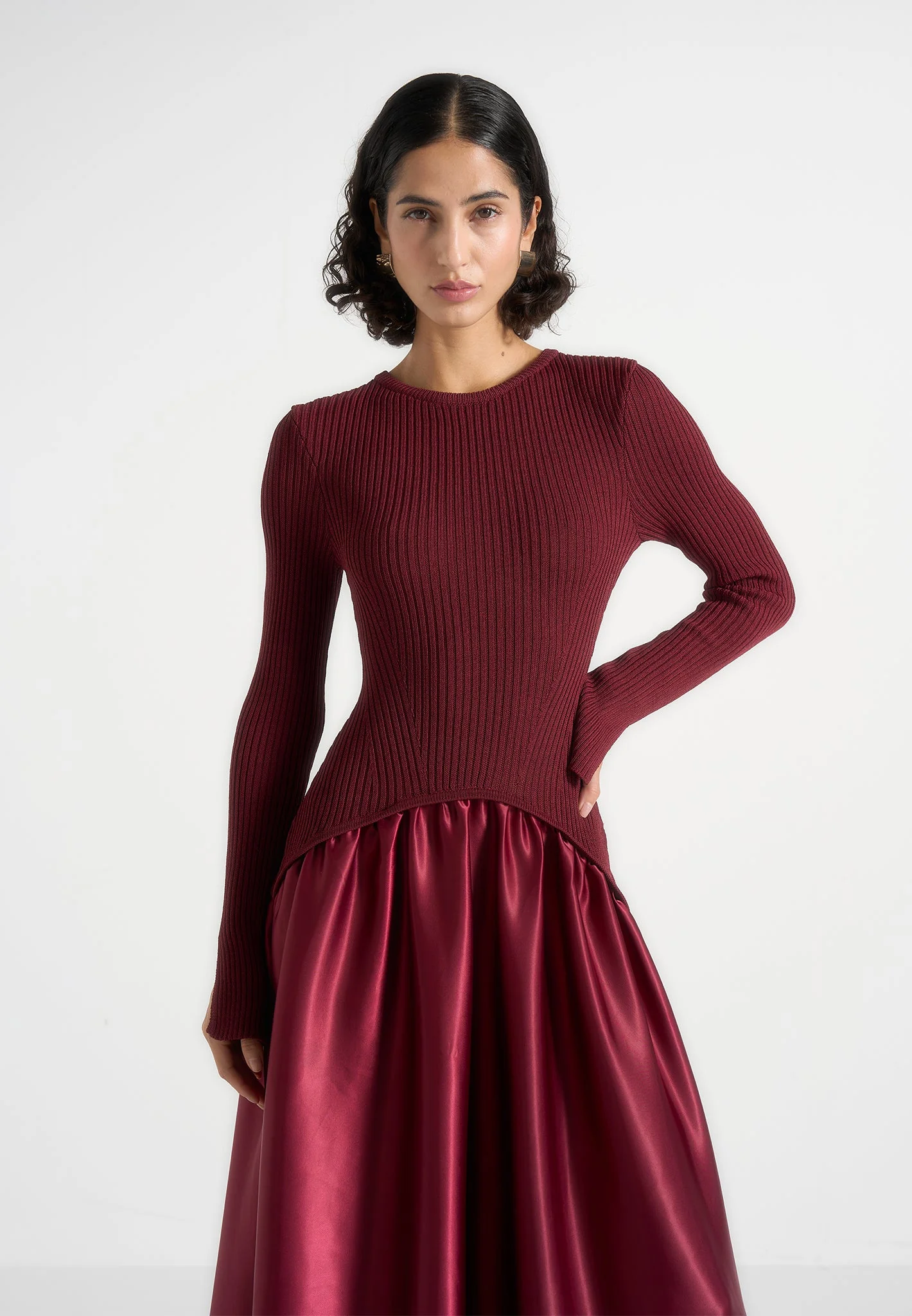 Adeline - Knit & Satin Curved Hem Maxi Dress - Wine Red - Image 2