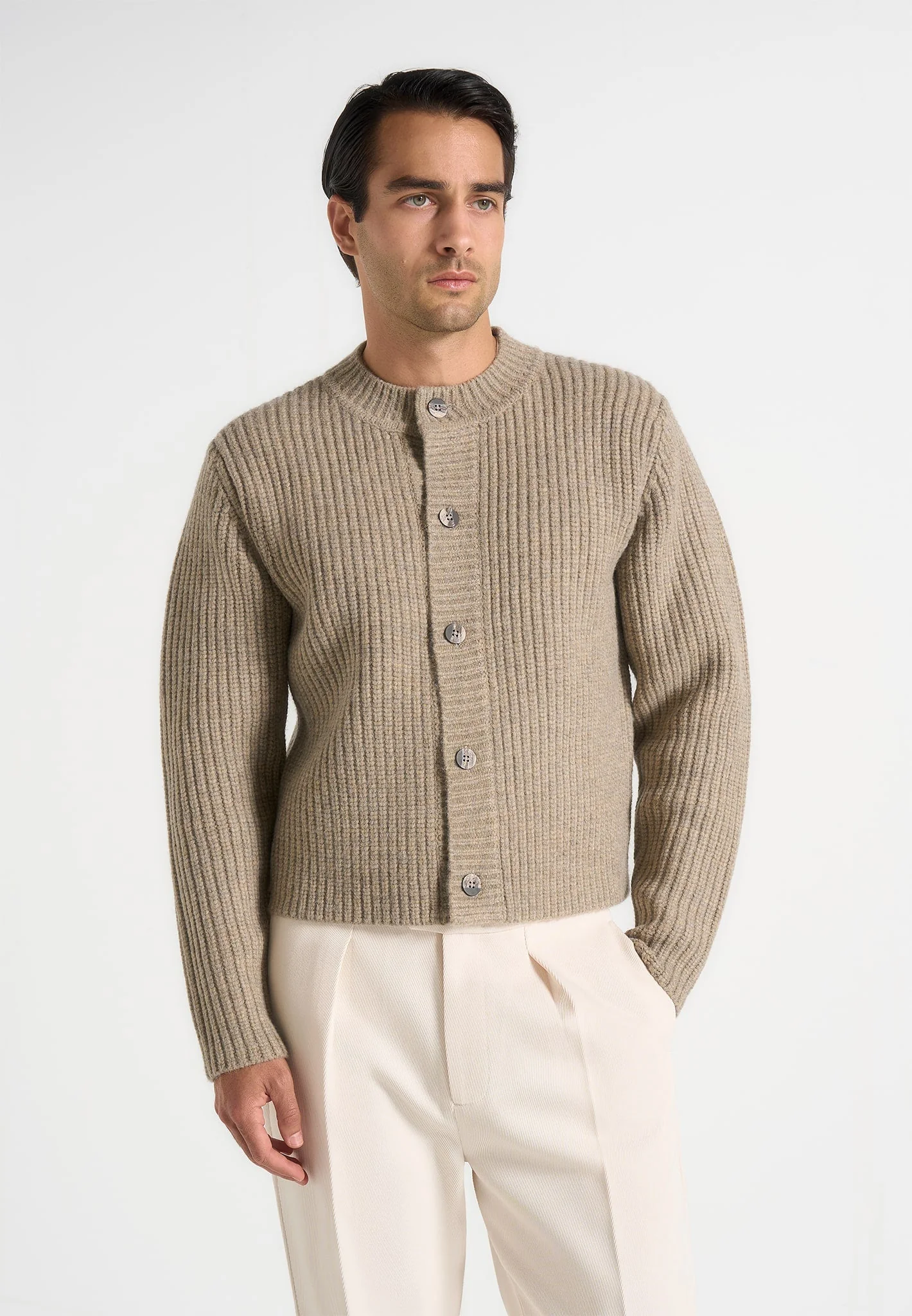 Alix - Unisex Crewneck Ribbed Knit Cardigan - Beige - Image 2