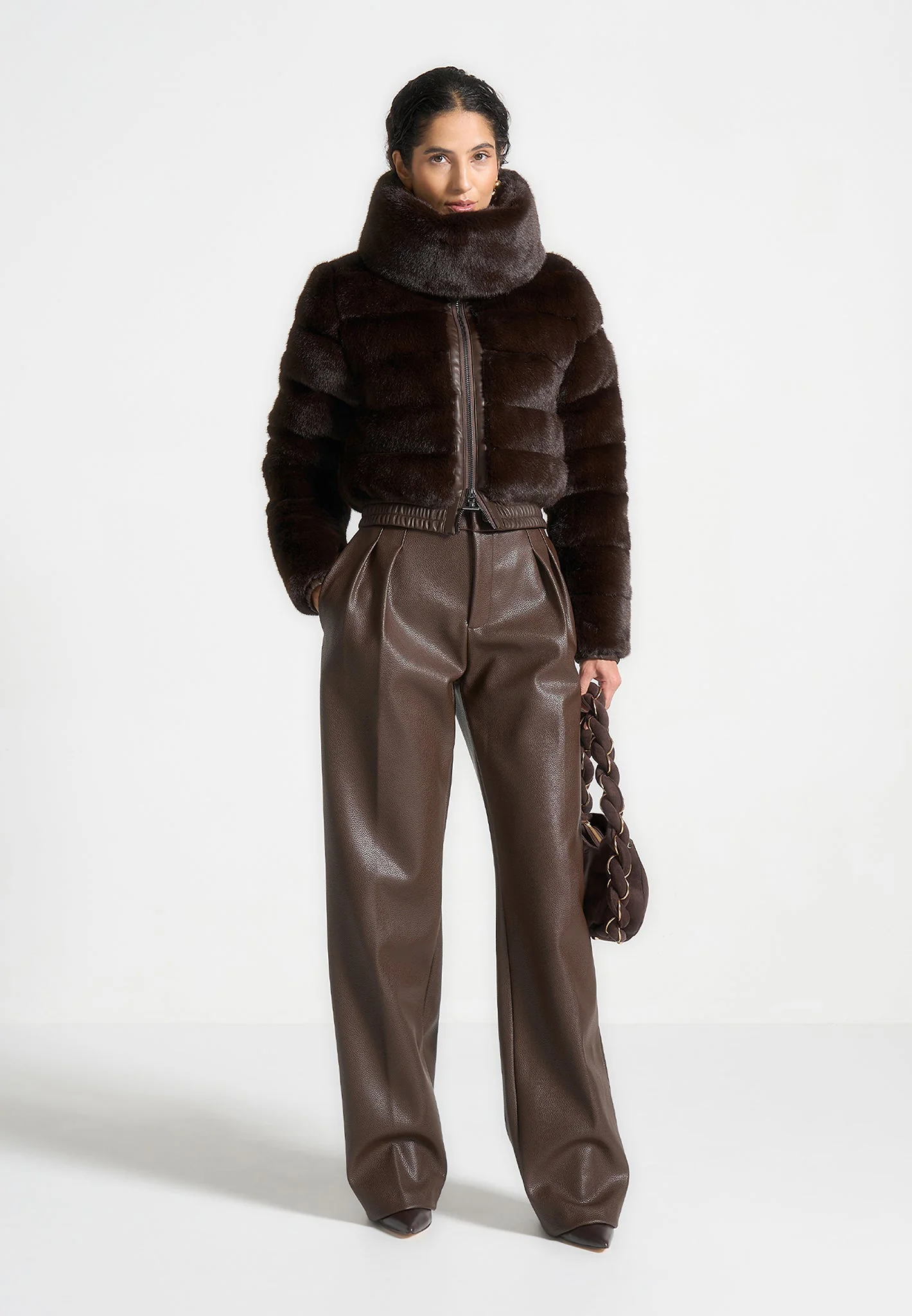 Ama - Plush Ribbed Jacket with Neck Scarf - Brown - Image 4