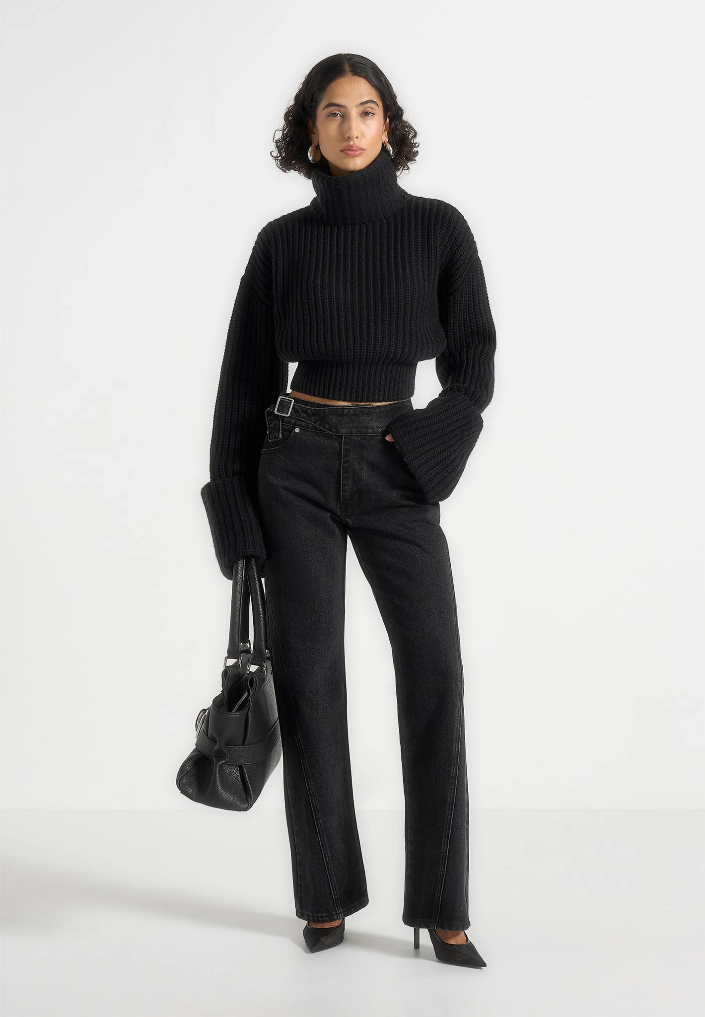 Amaya - Roll Neck Knit Sweater With Cuffs - Black - Image 2