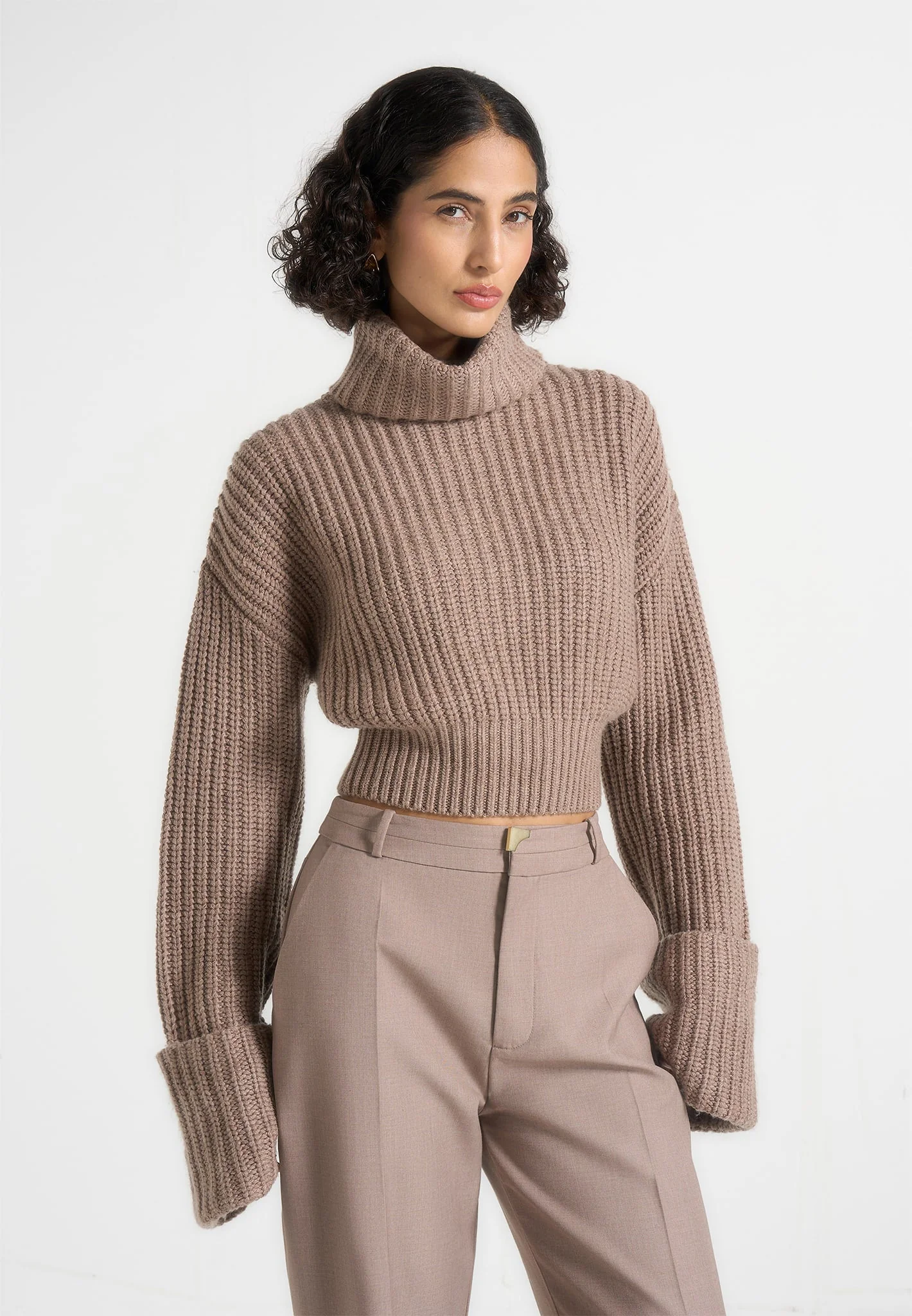 Amaya - Roll Neck Knit Sweater With Cuffs - Taupe