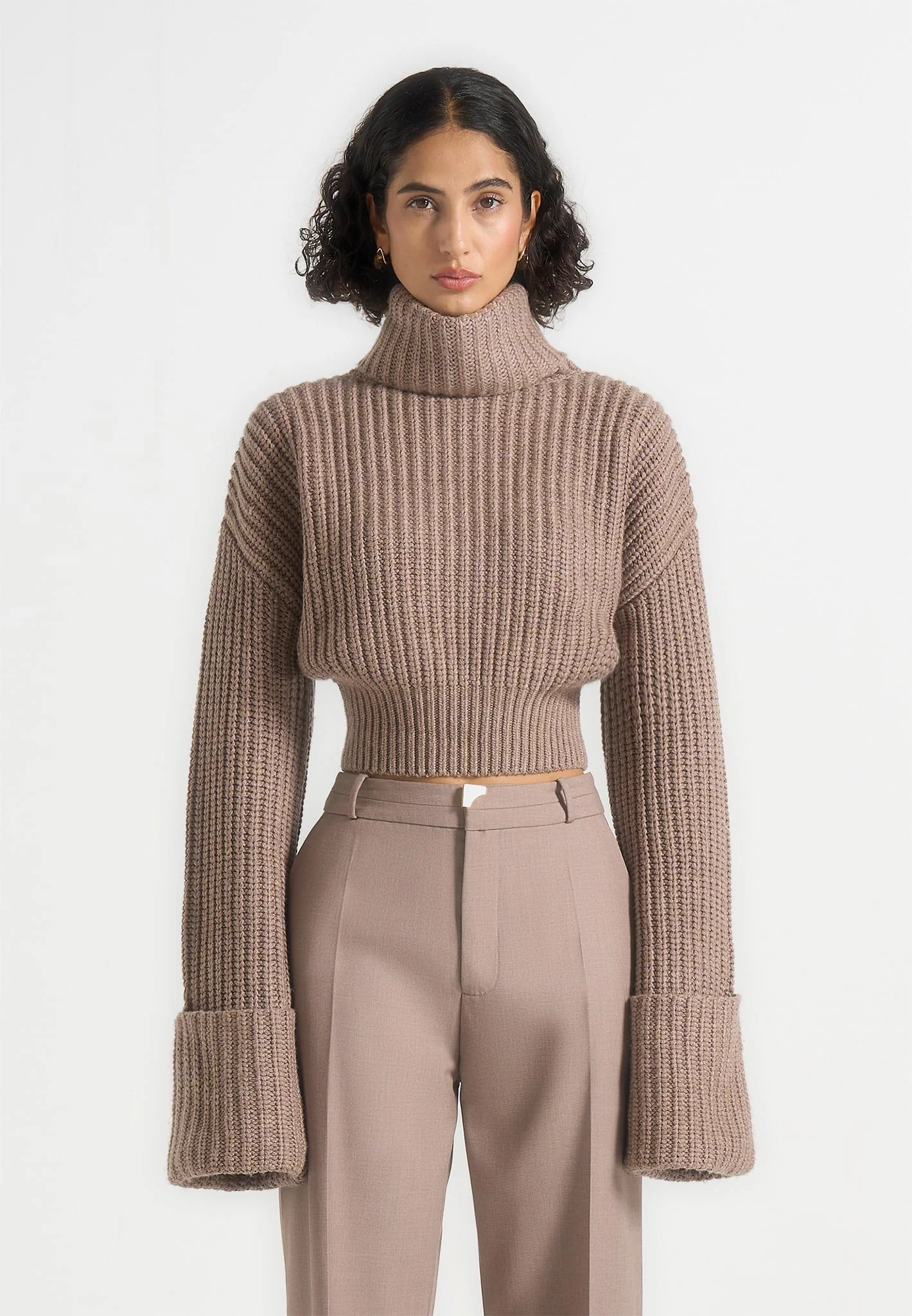 Amaya - Roll Neck Knit Sweater With Cuffs - Taupe - Image 3