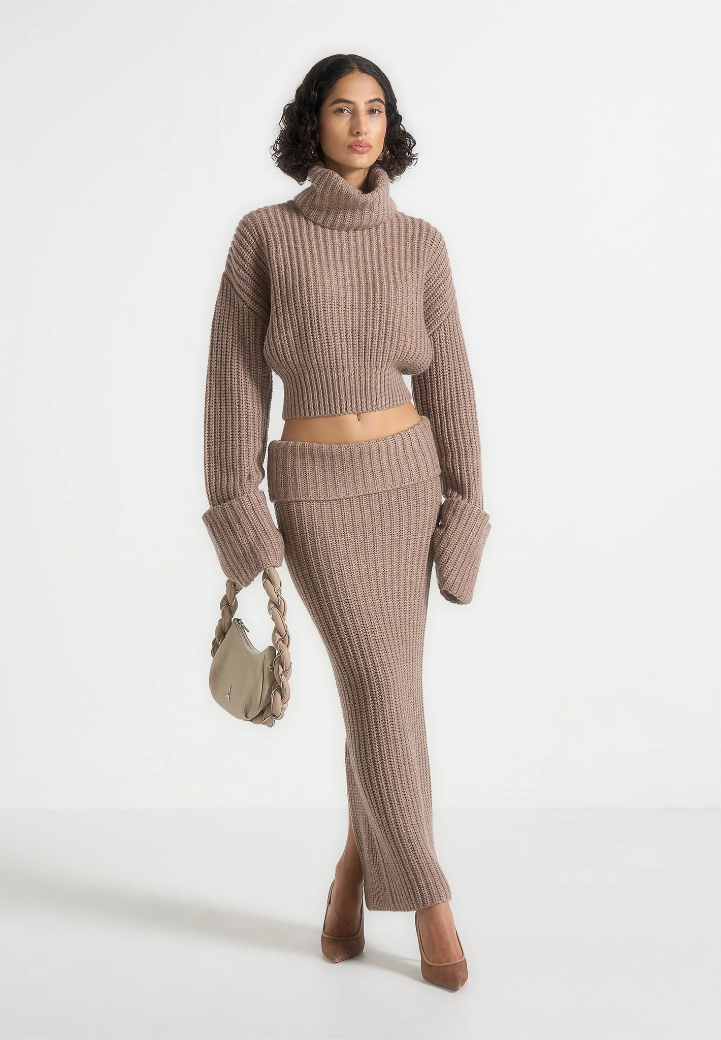 Amaya - Roll Neck Knit Sweater With Cuffs - Taupe - Image 4