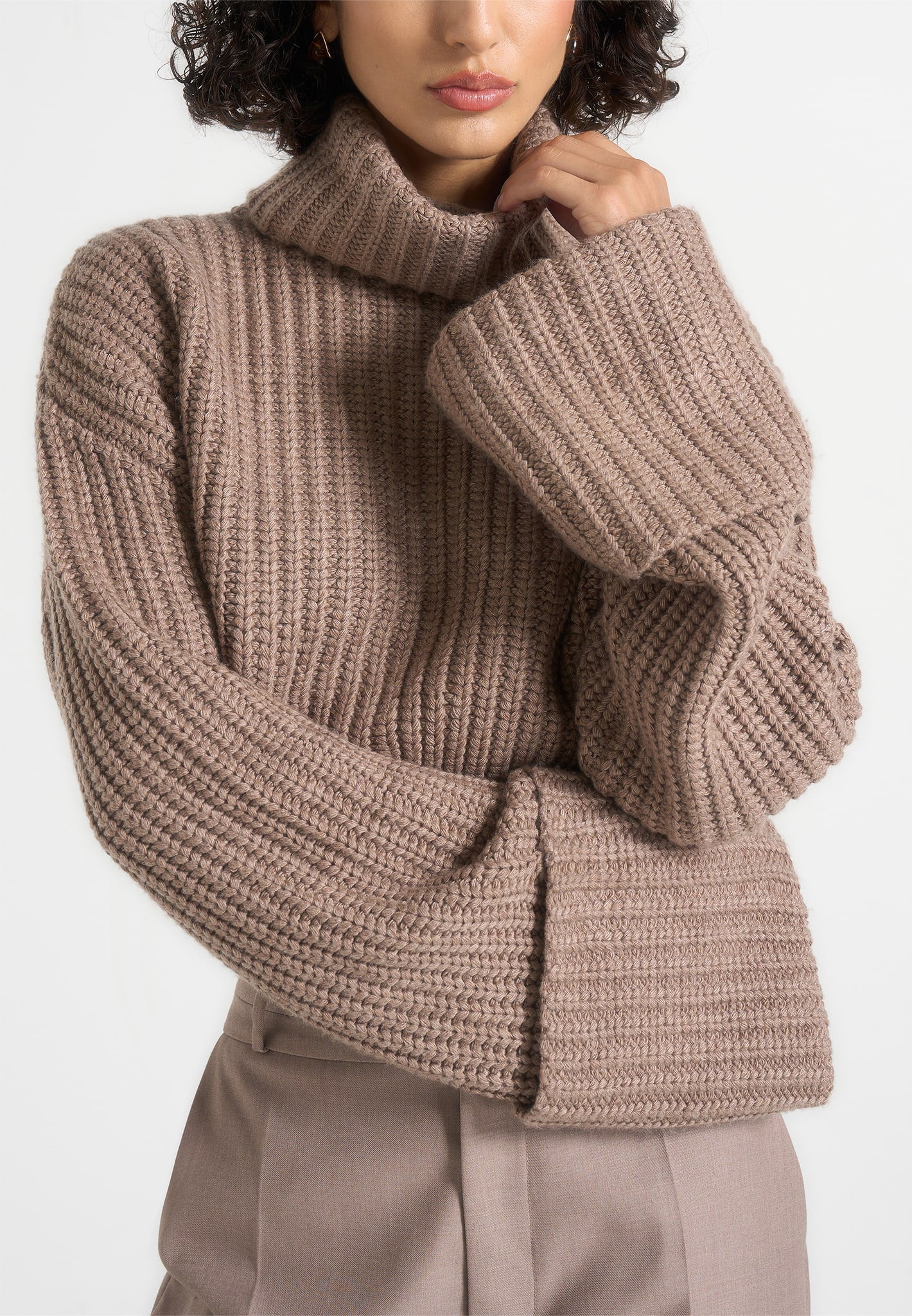 Amaya - Roll Neck Knit Sweater With Cuffs - Taupe - Image 5