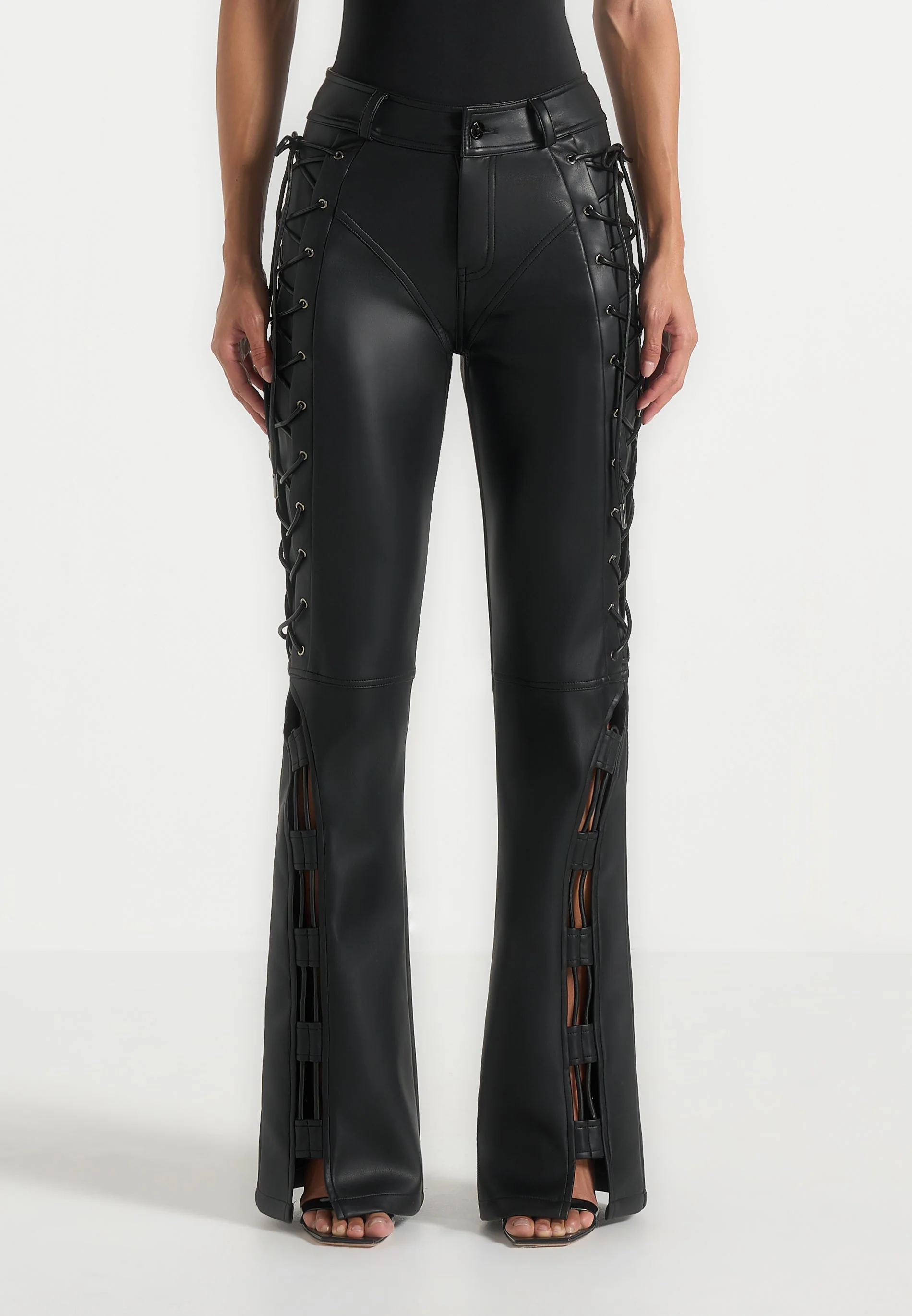 Ambre - Leather Lace Up Flared Trousers - Black - Image 3
