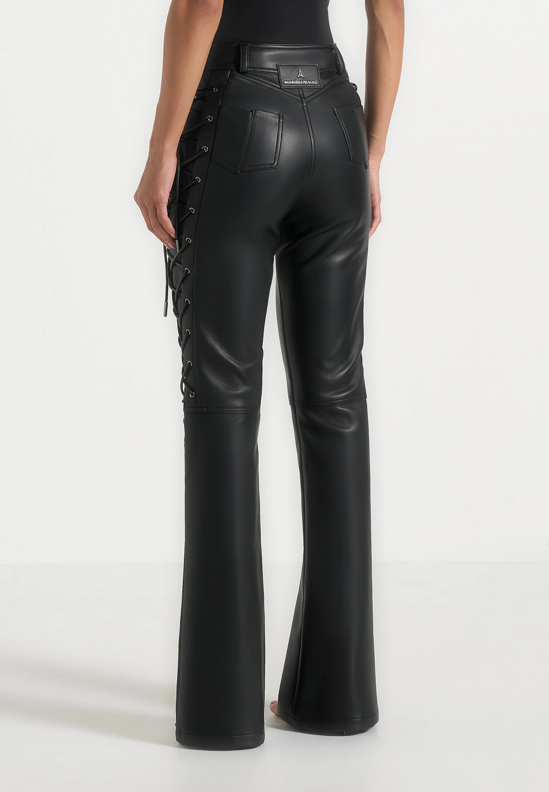 Ambre - Leather Lace Up Flared Trousers - Black - Image 5