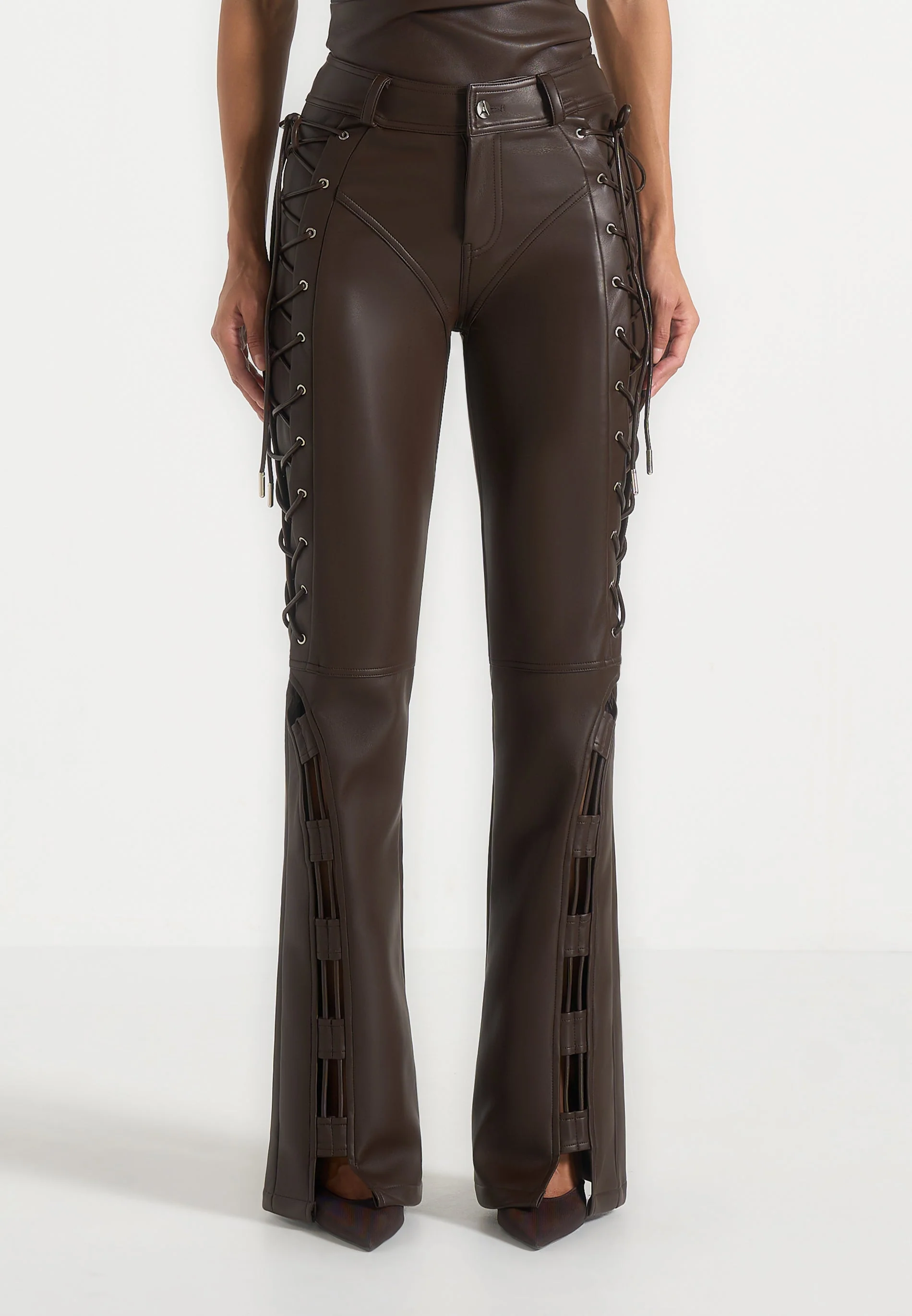 Ambre - Leather Lace Up Flared Trousers - Brown - Image 4