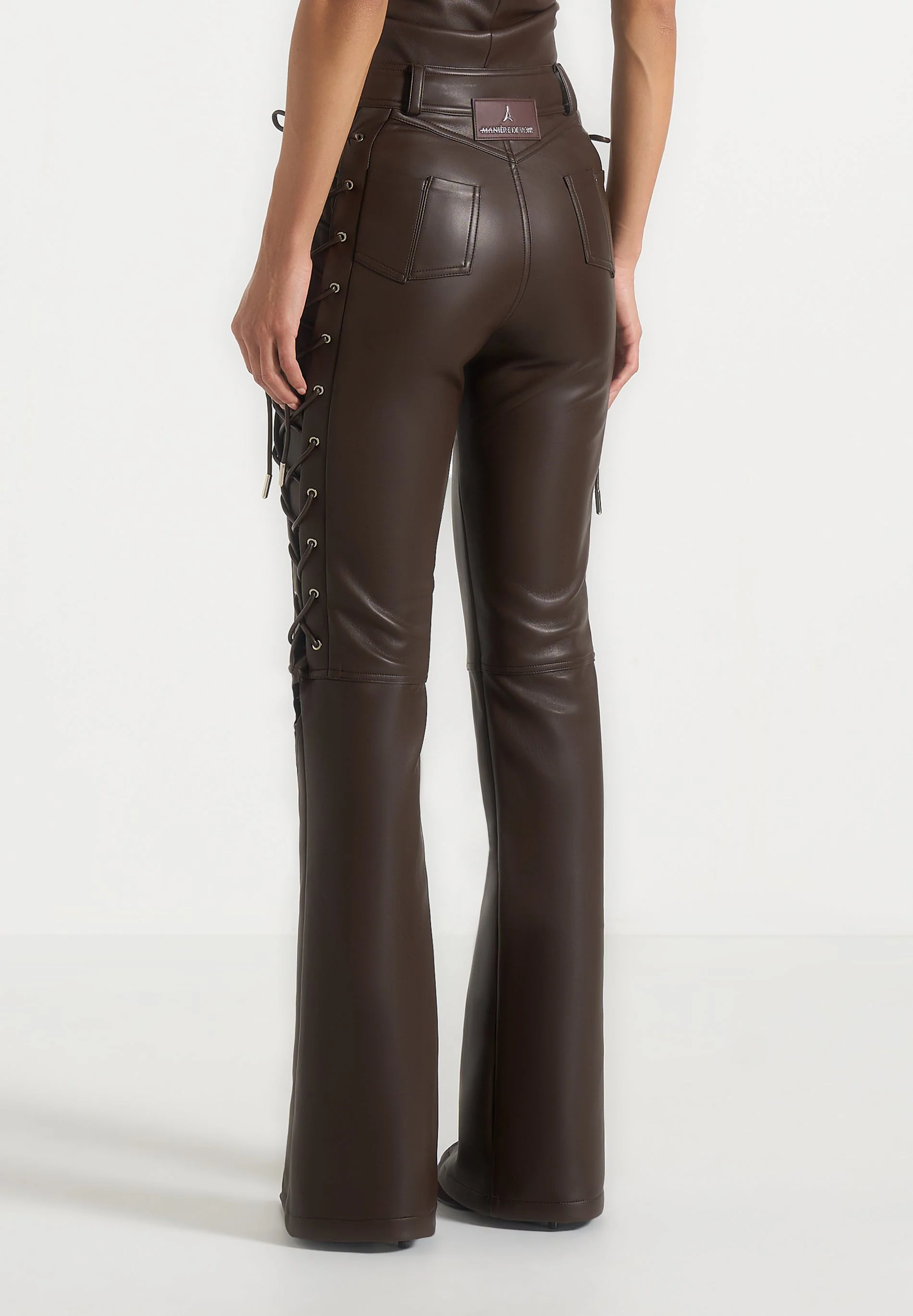 Ambre - Leather Lace Up Flared Trousers - Brown - Image 5