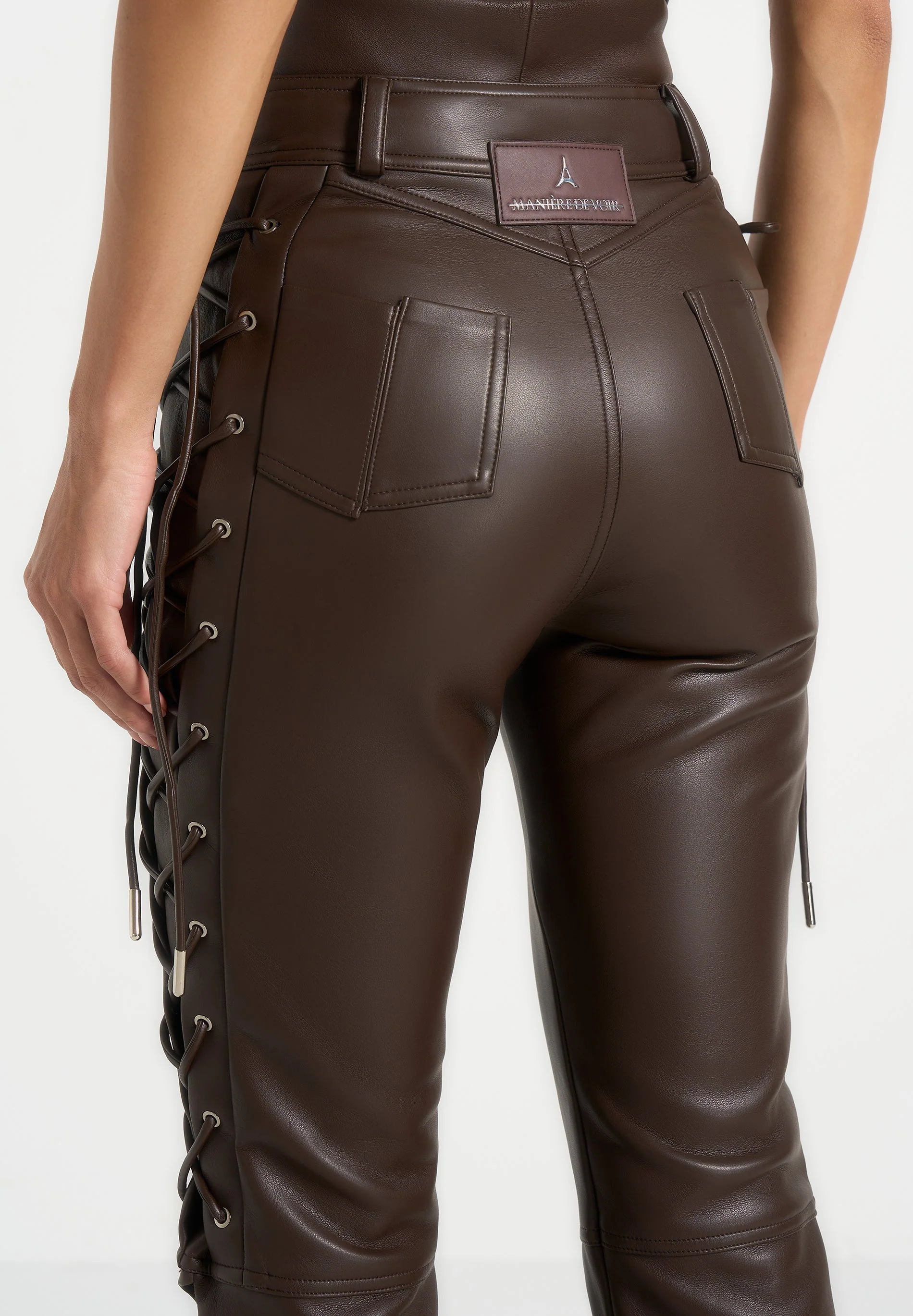 Ambre - Leather Lace Up Flared Trousers - Brown - Image 6