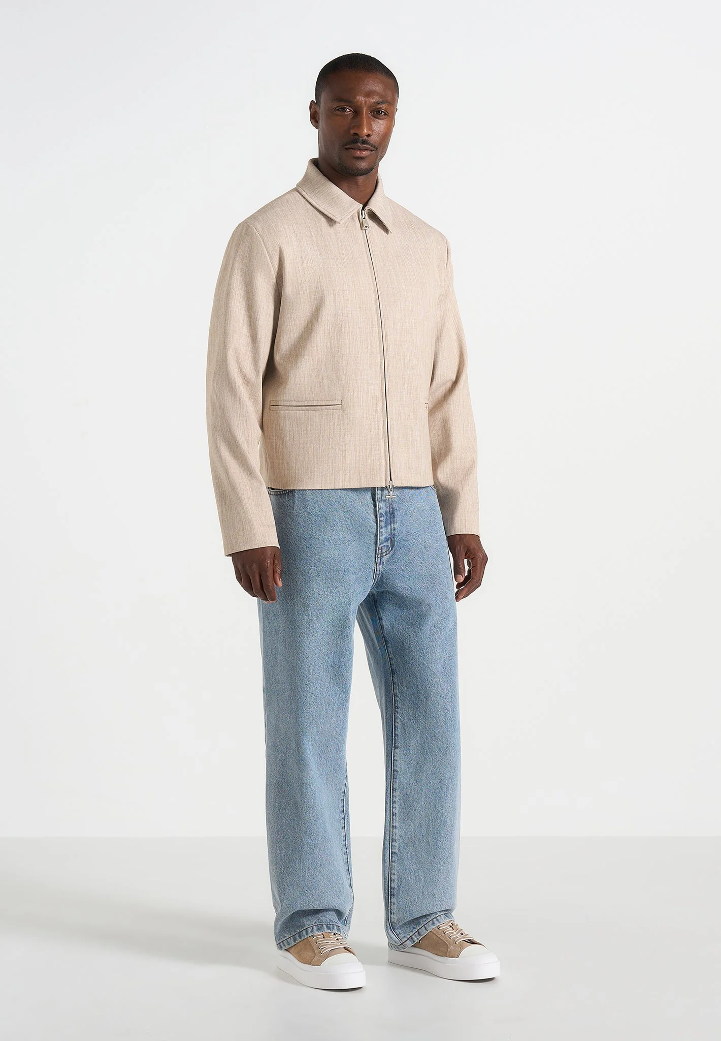 Amir - Boxy Hatched Harrington Jacket - Beige