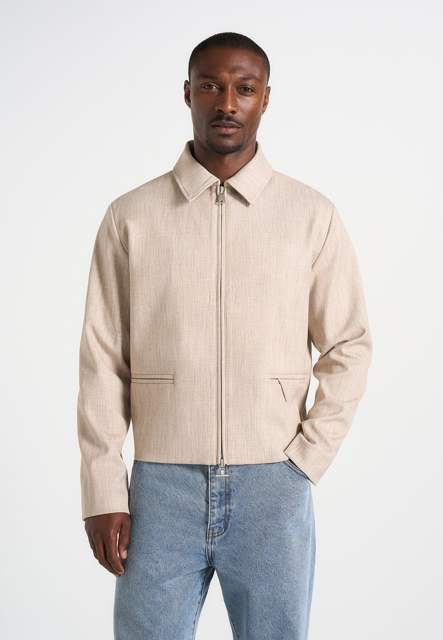 Amir - Boxy Hatched Harrington Jacket - Beige - Image 2