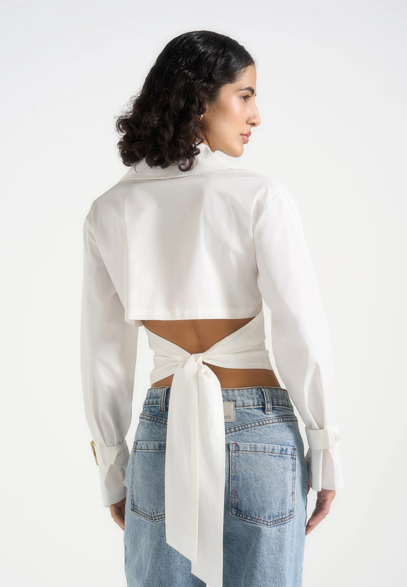 Andrea - Cropped Double-Breasted Open Back Tie Shirt - White - Image 2