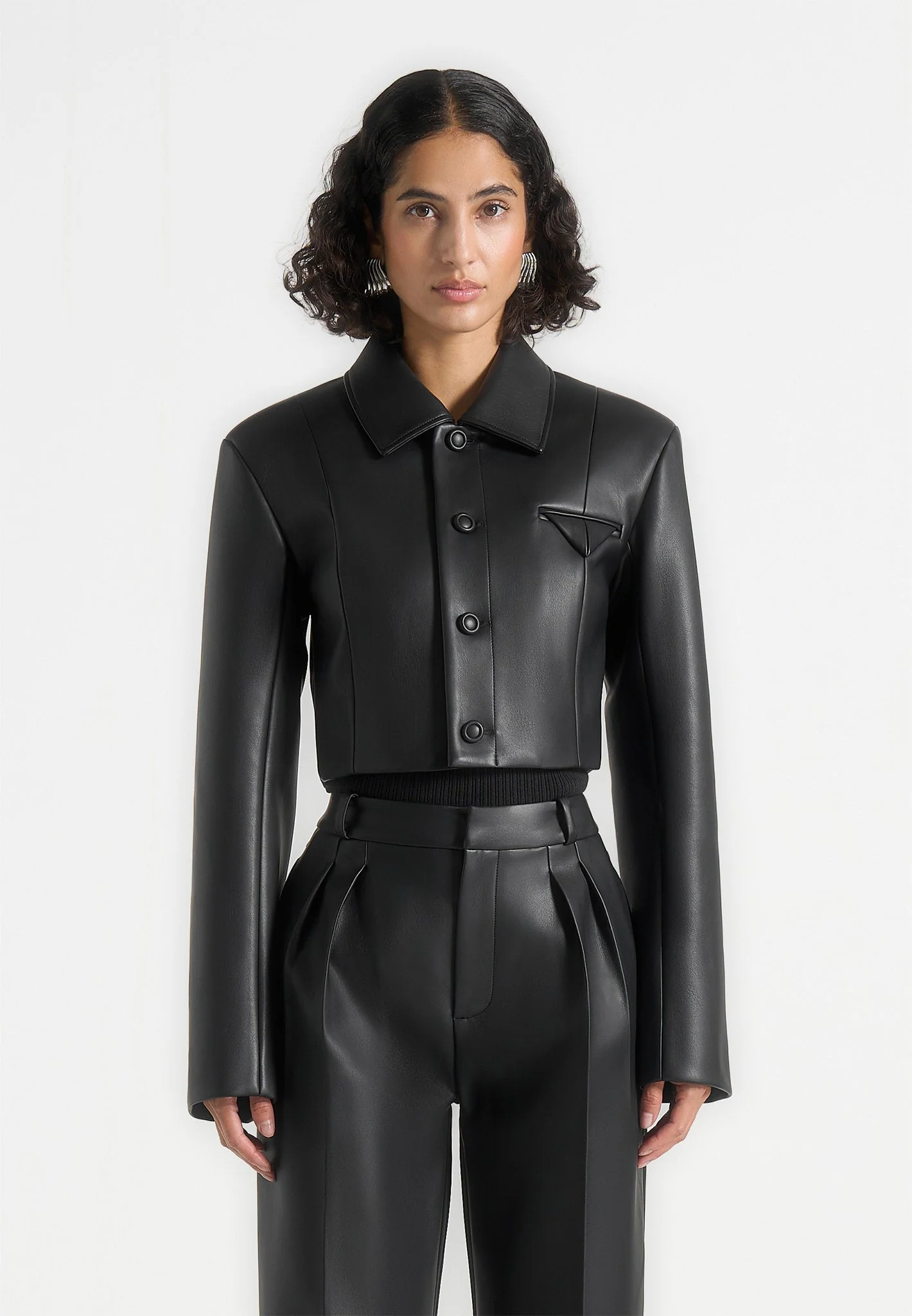 Ania - Wide Shoulder Leather Jacket - Black - Image 3