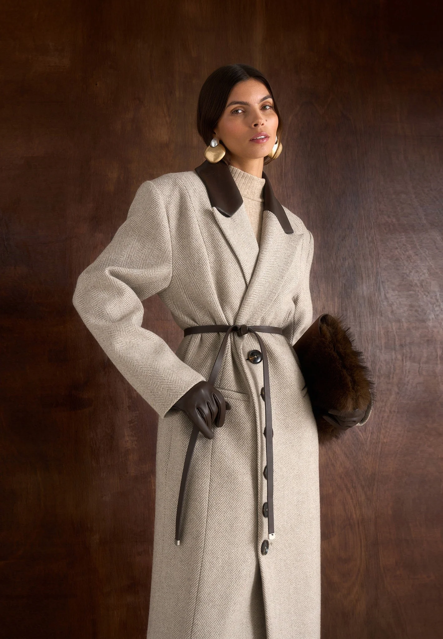 Anissa - Herringbone Wool Oversized Coat with Leather Belt - Beige - Image 3