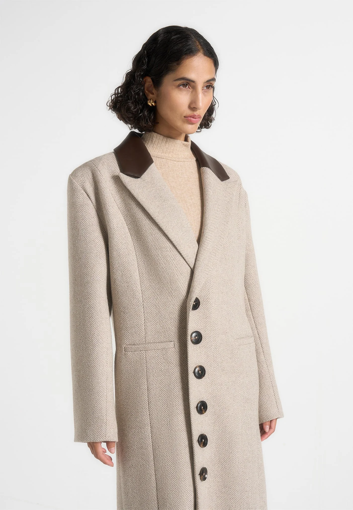 Anissa - Herringbone Wool Oversized Coat with Leather Belt - Beige - Image 4