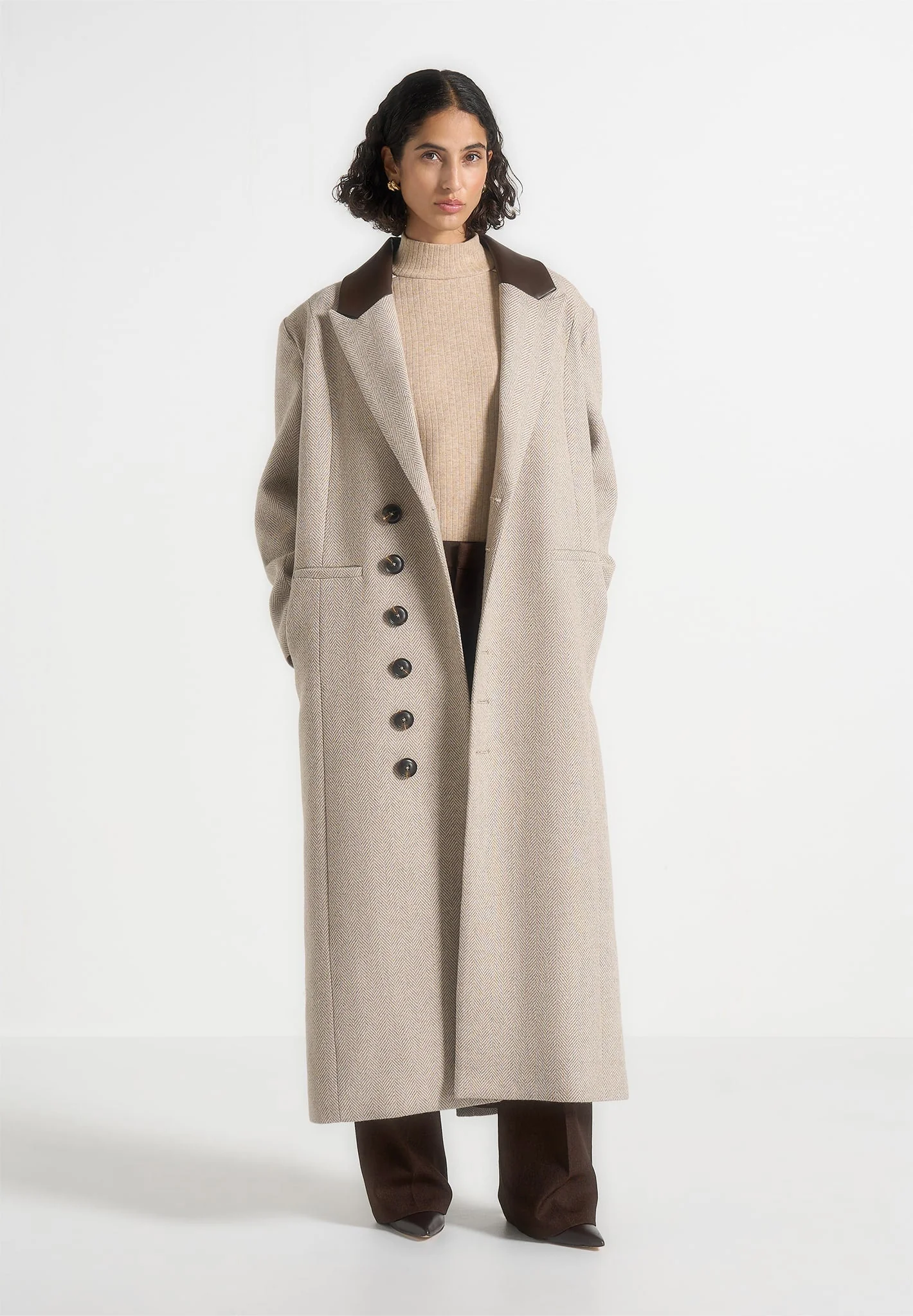 Anissa - Herringbone Wool Oversized Coat with Leather Belt - Beige - Image 5