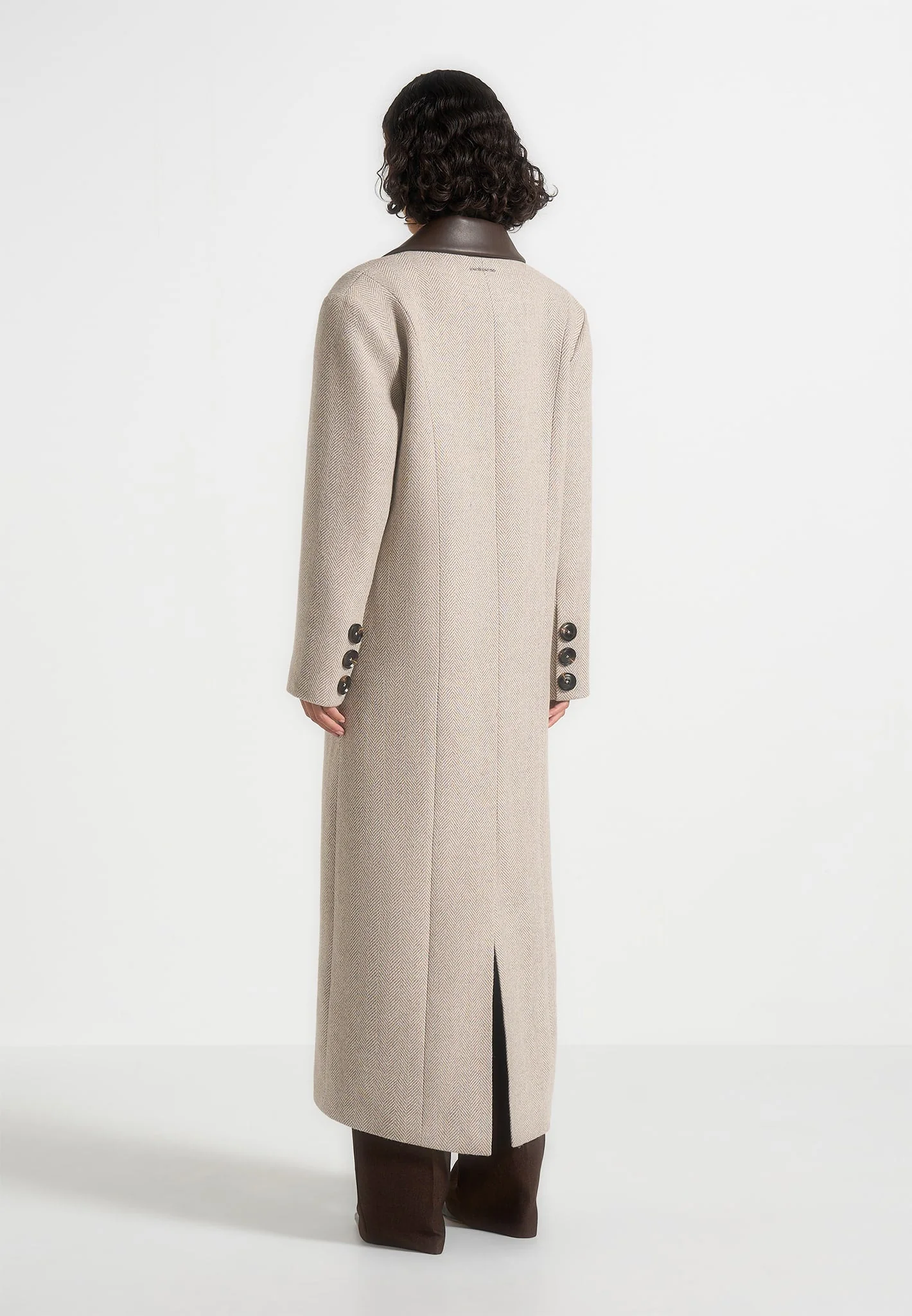 Anissa - Herringbone Wool Oversized Coat with Leather Belt - Beige - Image 6