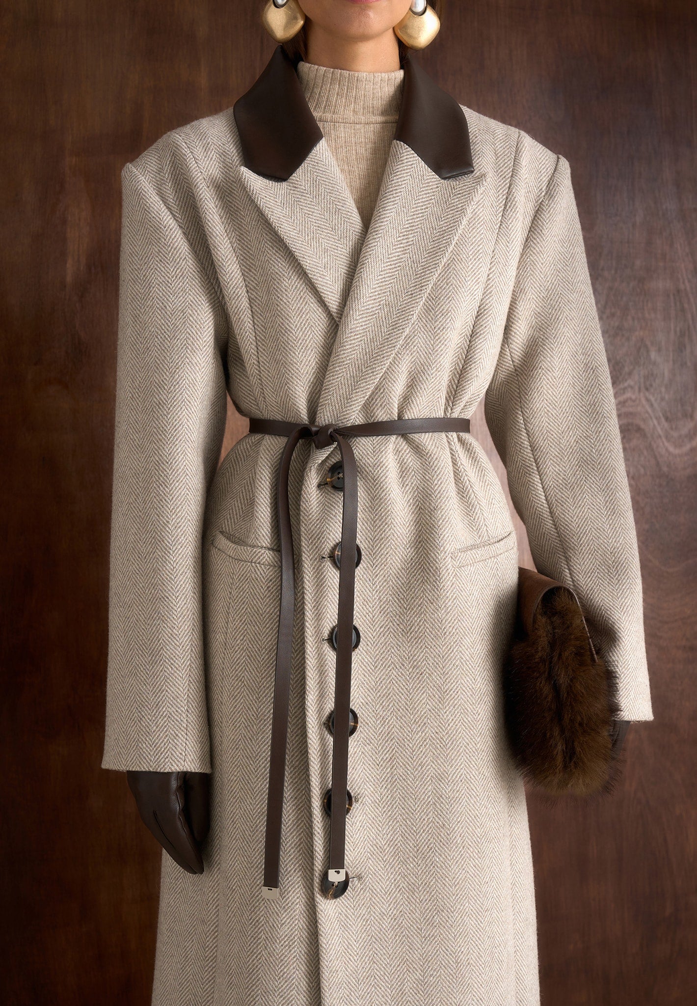 Anissa - Herringbone Wool Oversized Coat with Leather Belt - Beige - Image 7