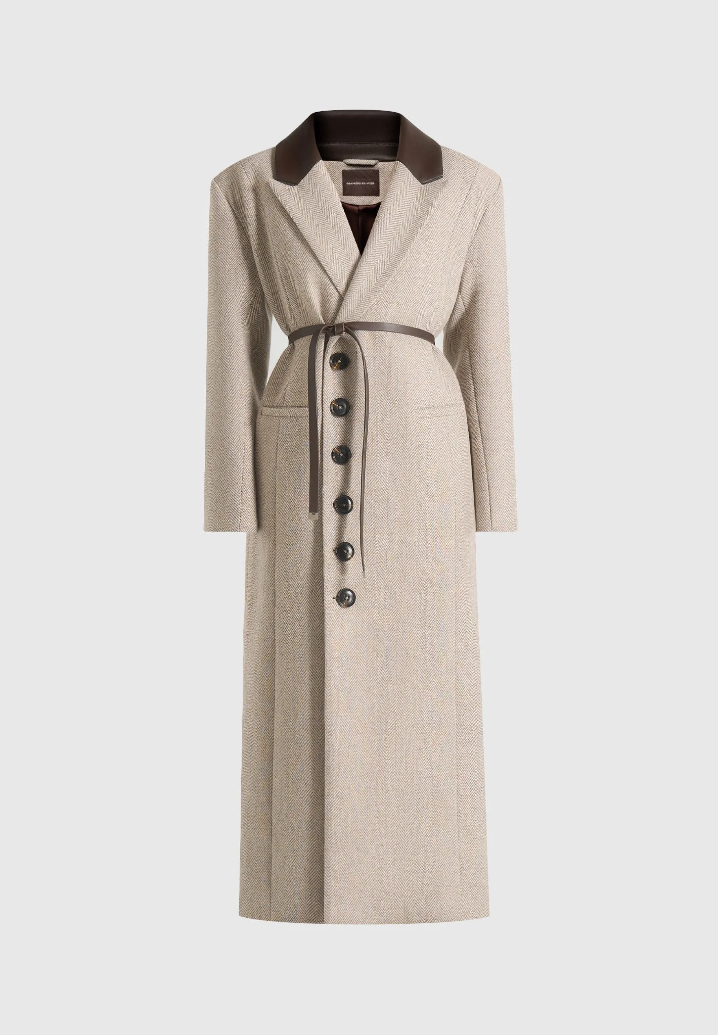 Anissa - Herringbone Wool Oversized Coat with Leather Belt - Beige - Image 8