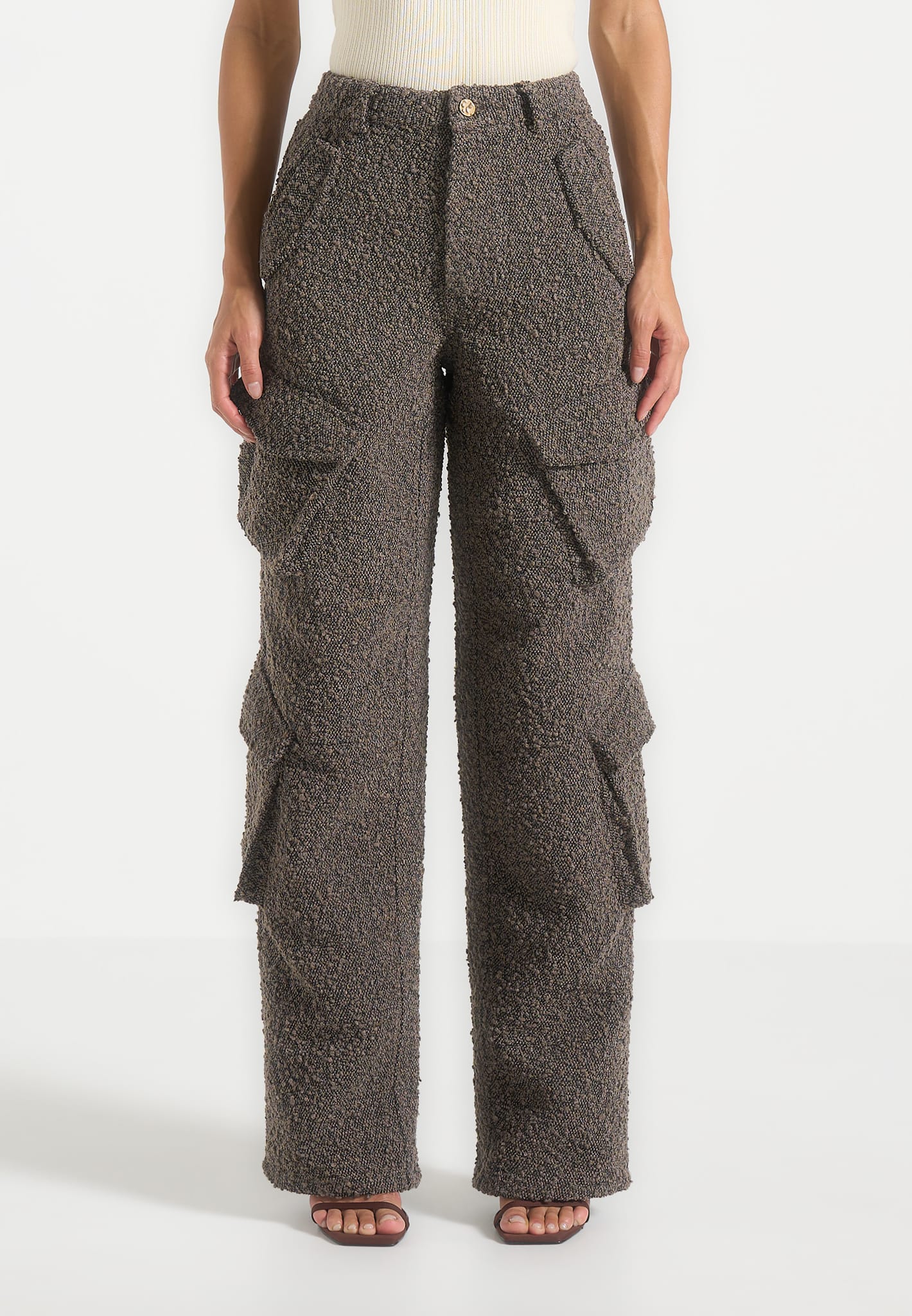 Anne - High Waisted Boucle Denim Cargo Pants - Brown - Image 2