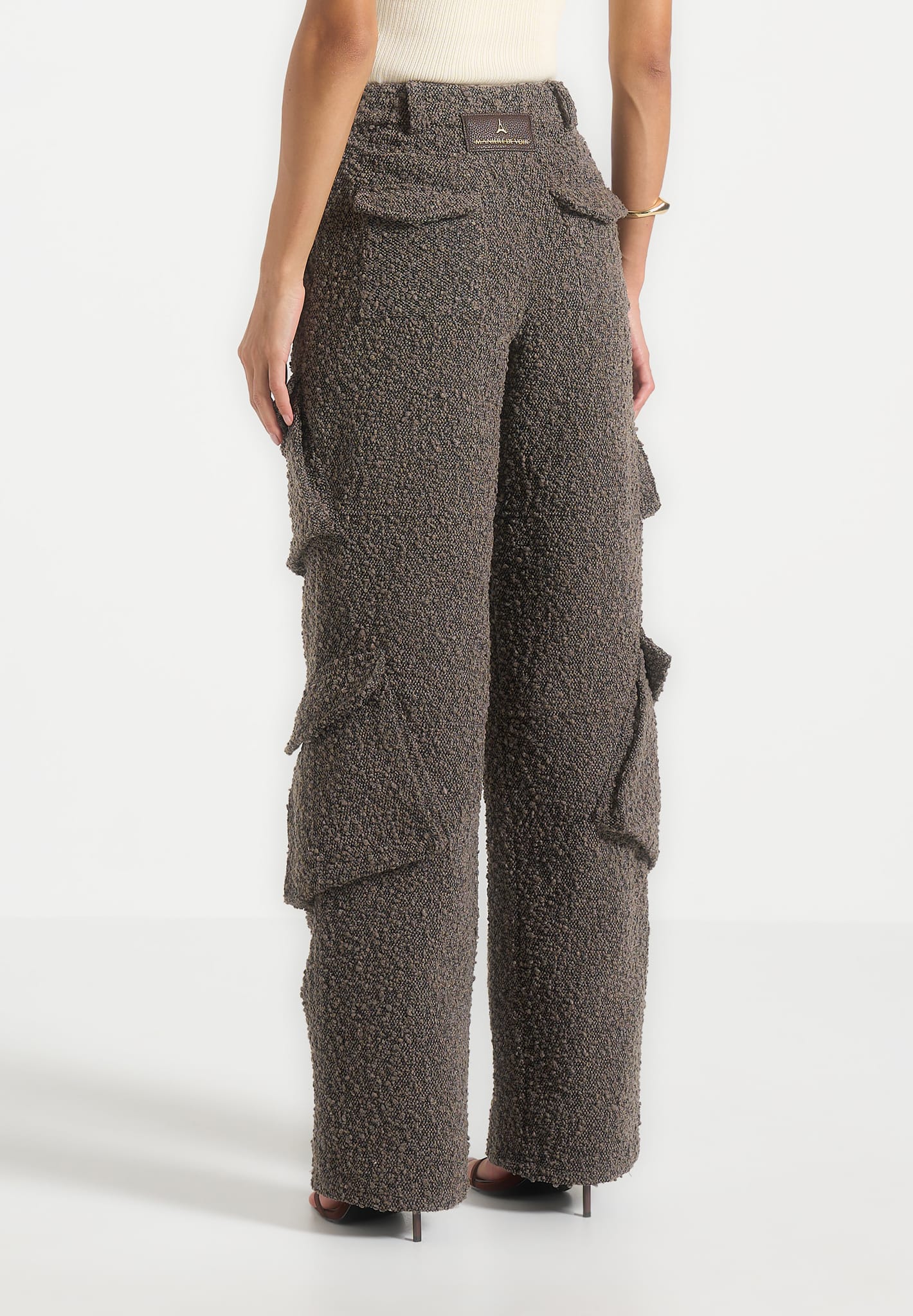 Anne - High Waisted Boucle Denim Cargo Pants - Brown - Image 5