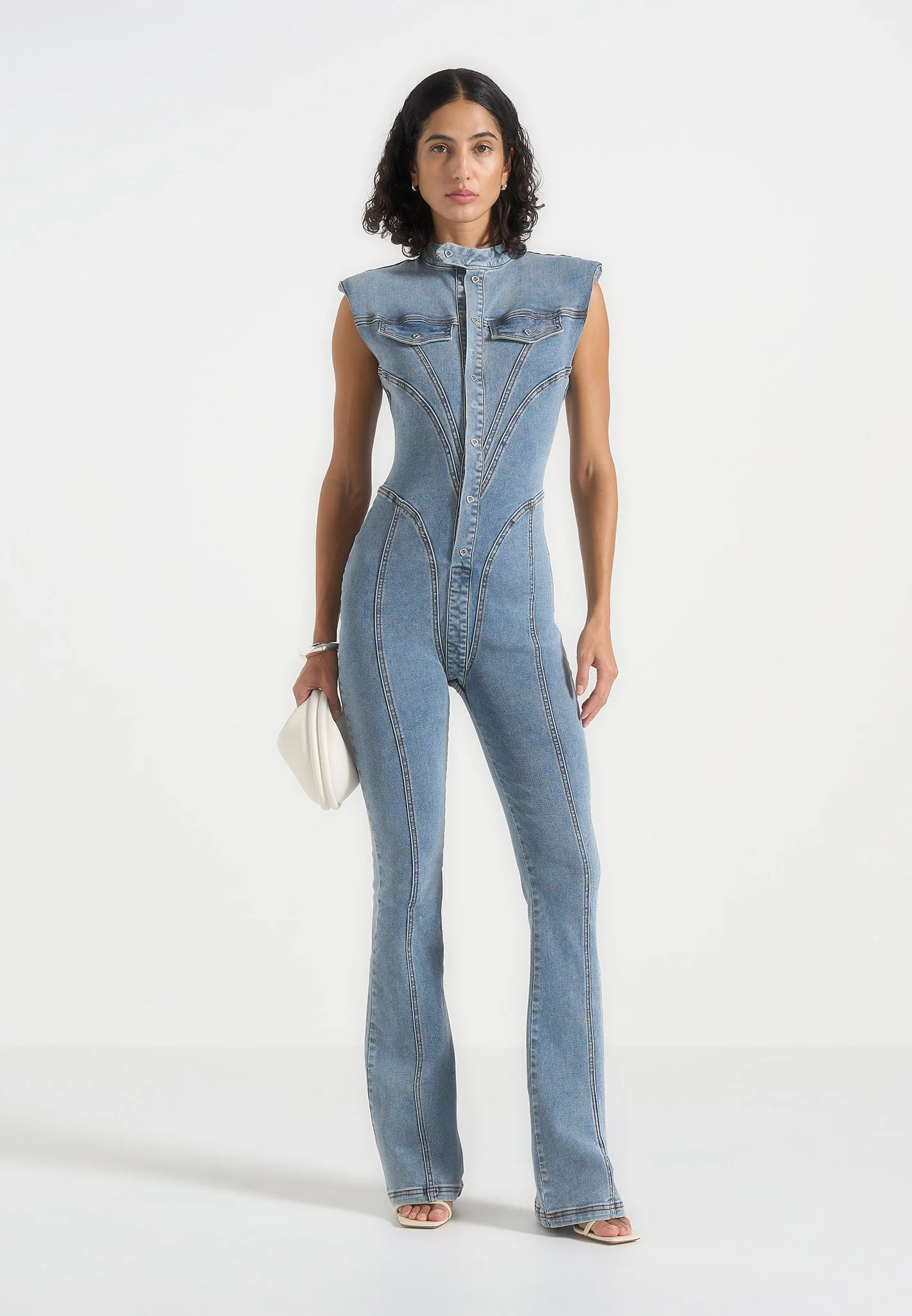 Annette - Seam Detail Fit & Flare Denim Jumpsuit - Mid Blue
