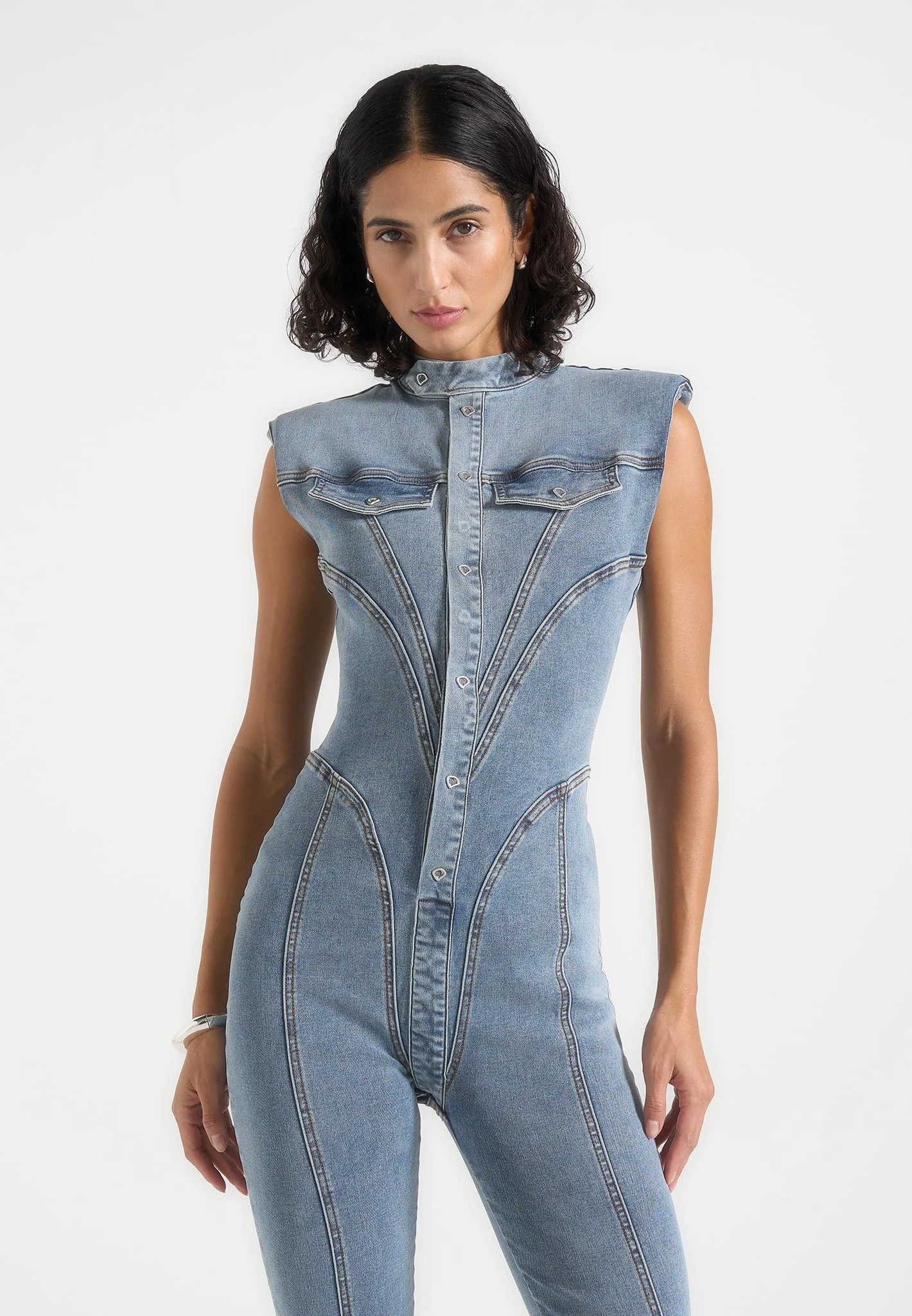 Annette - Seam Detail Fit & Flare Denim Jumpsuit - Mid Blue - Image 3
