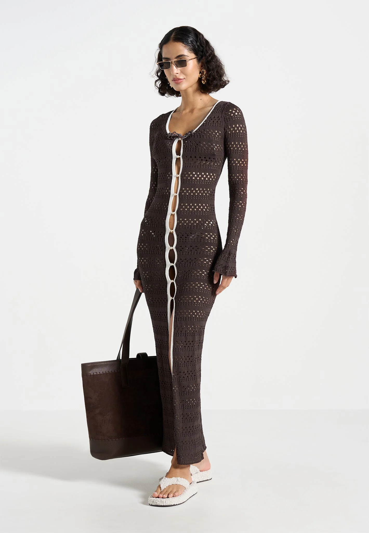Aria - Pointelle Knit Cover Up - Brown/Cream