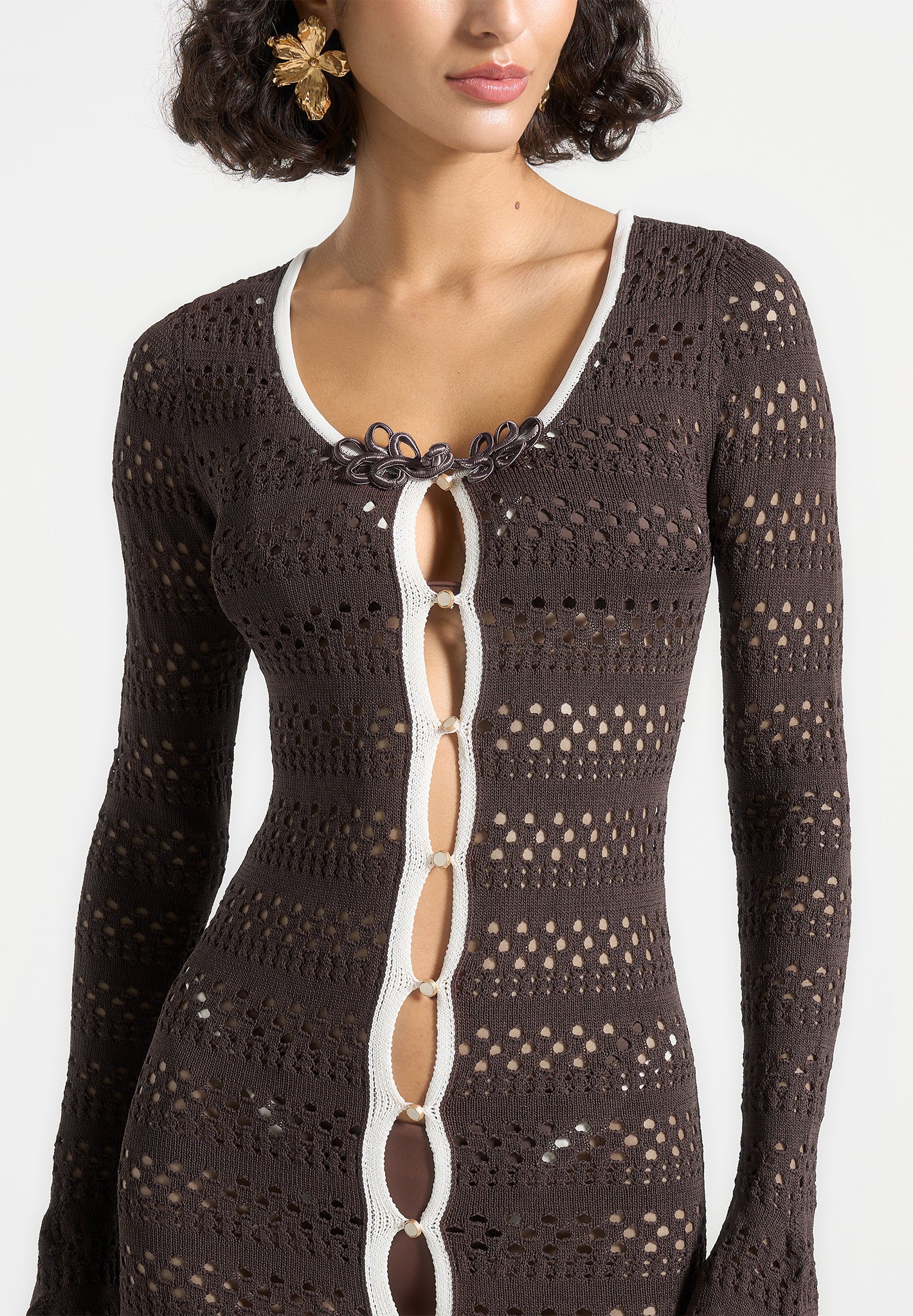Aria - Pointelle Knit Cover Up - Brown/Cream - Image 2