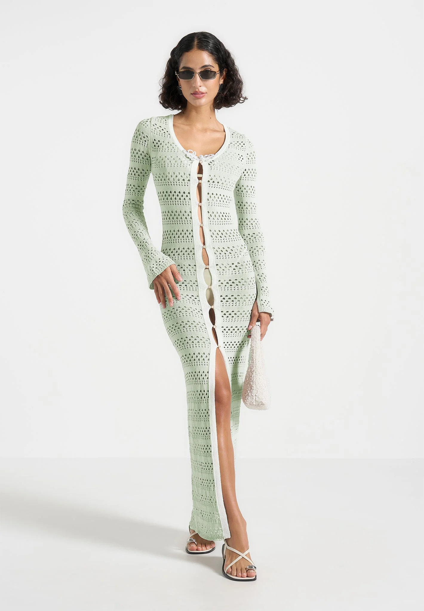 Aria - Pointelle Knit Cover Up - Sage/White