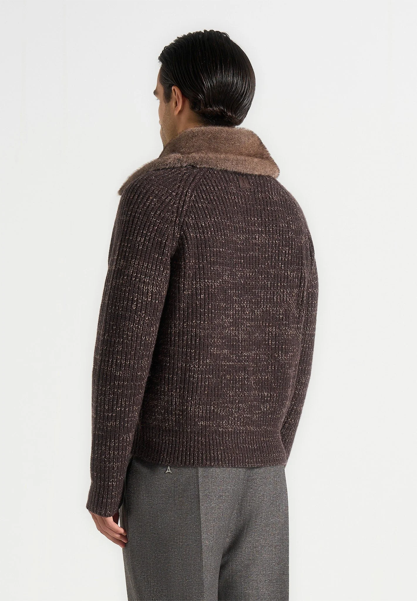 Ariel - Unisex Plush Collar Speckled Knit Jacket - Brown - Image 11