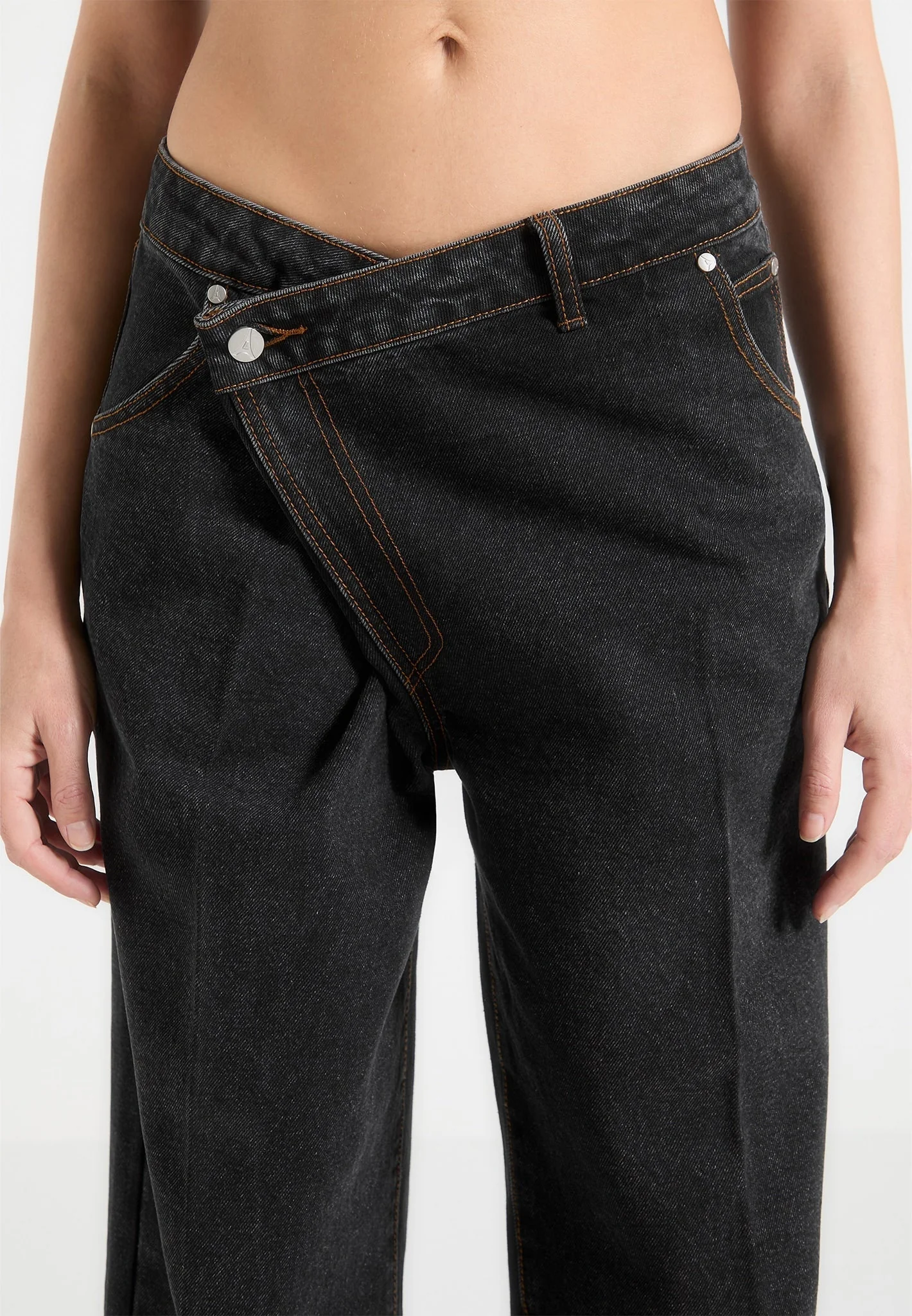 Astrid - Wrapover Wide Leg Denim Jeans - Washed Black - Image 4