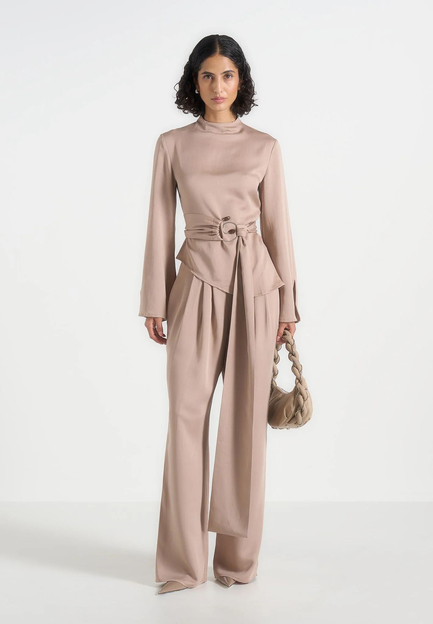 Aurore - Mock Neck Ring Belt Pleated Leg Jumpsuit - Beige
