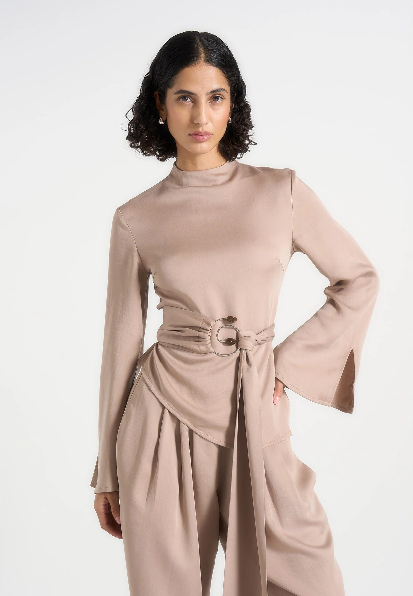 Aurore - Mock Neck Ring Belt Pleated Leg Jumpsuit - Beige - Image 3