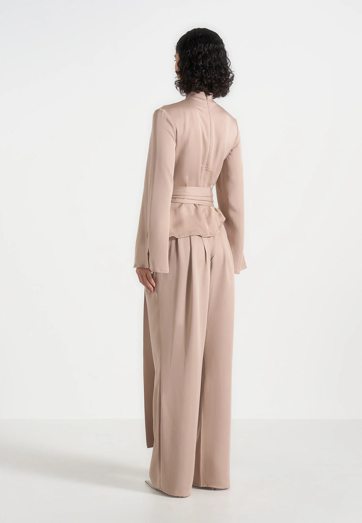 Aurore - Mock Neck Ring Belt Pleated Leg Jumpsuit - Beige - Image 5