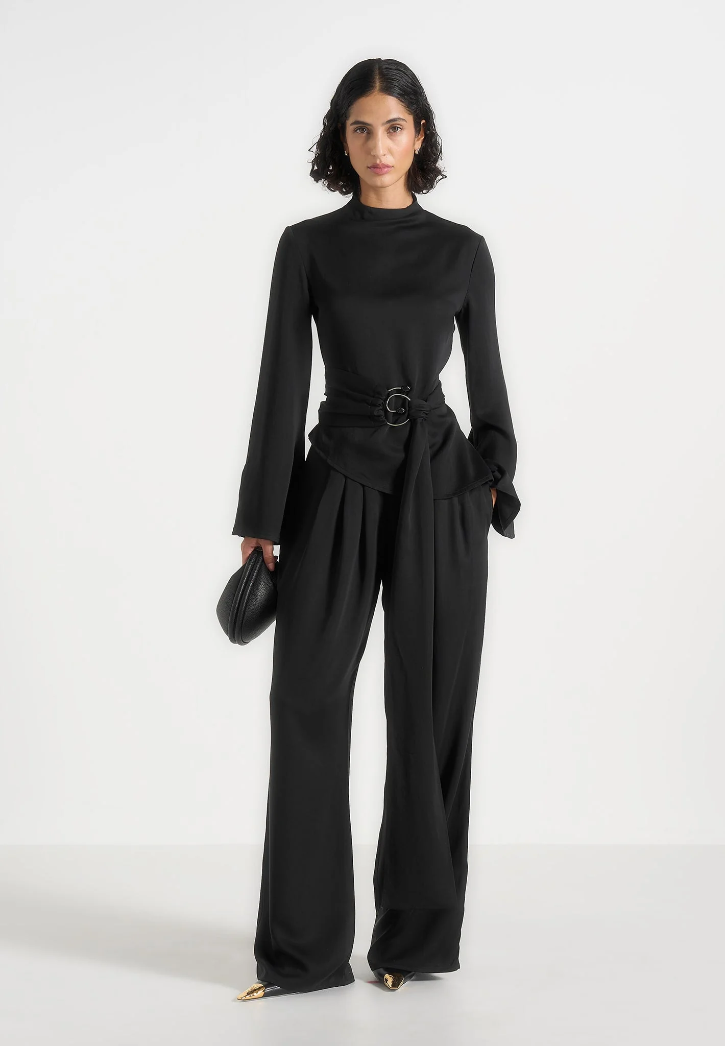 Aurore - Mock Neck Ring Belt Pleated Leg Jumpsuit - Black