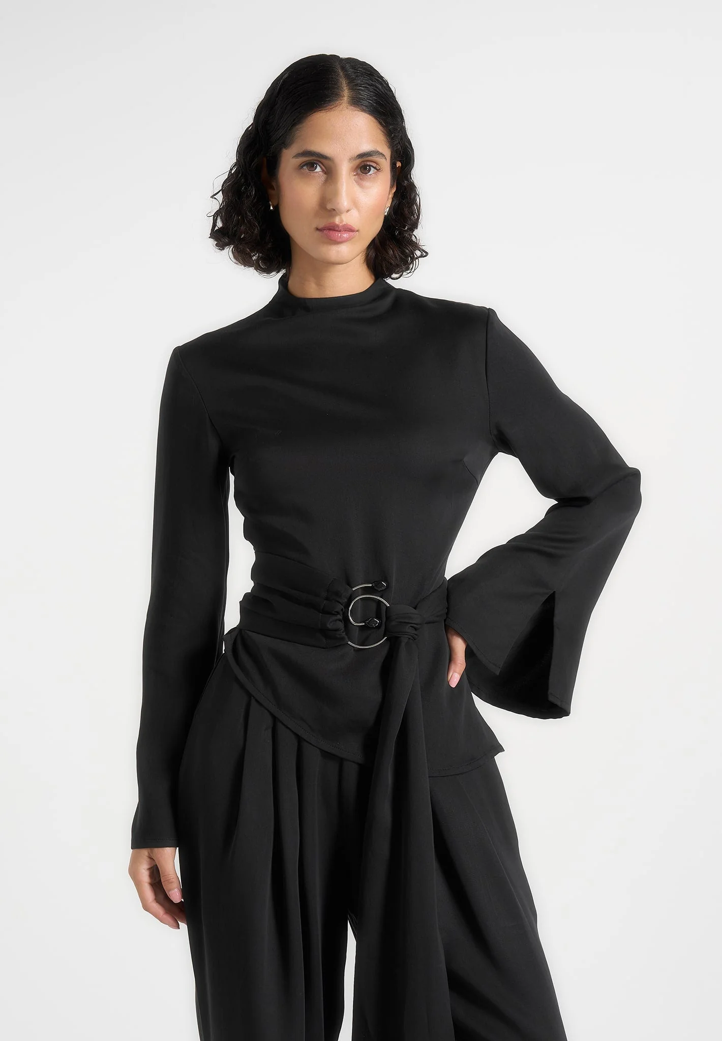 Aurore - Mock Neck Ring Belt Pleated Leg Jumpsuit - Black - Image 3