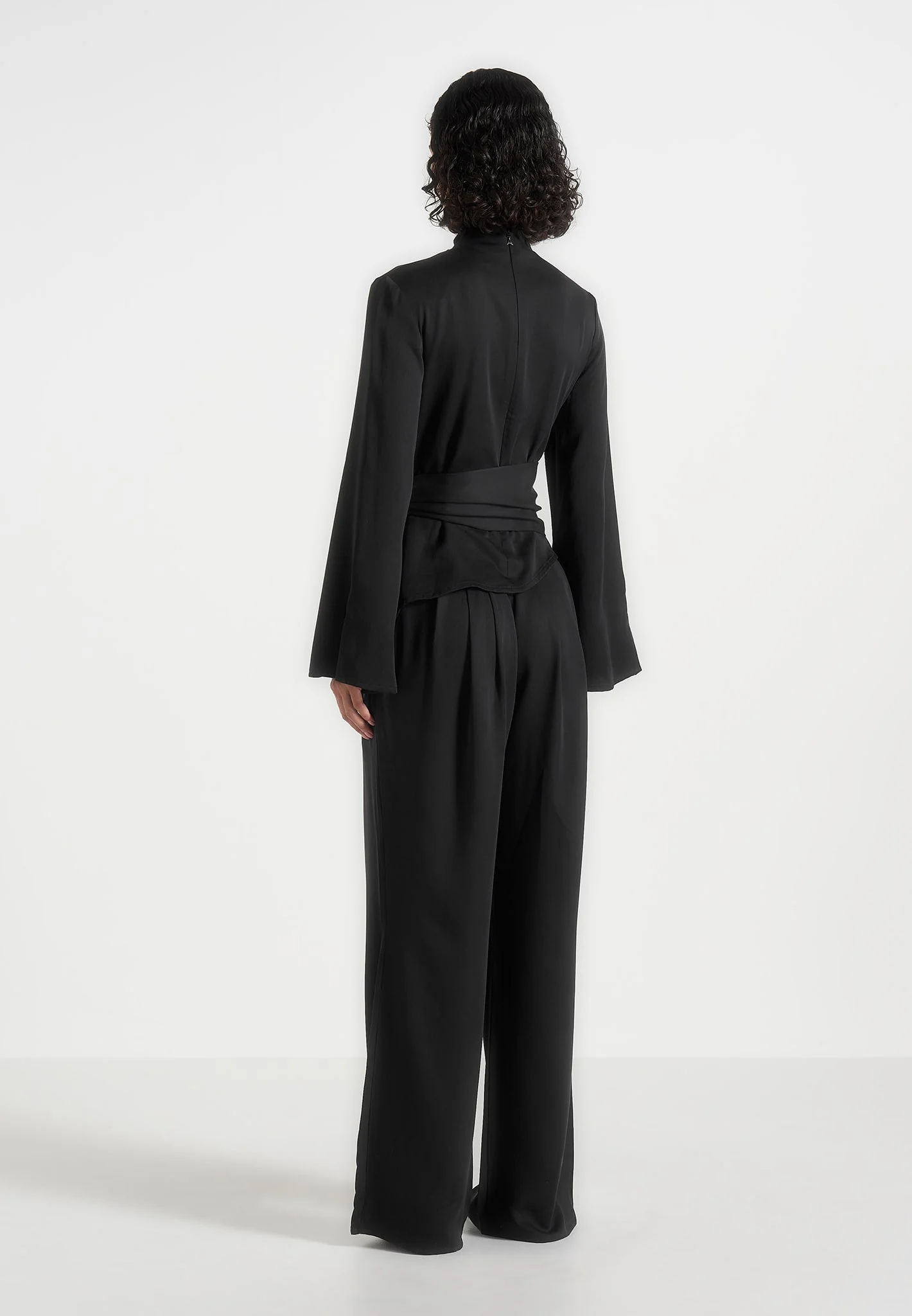 Aurore - Mock Neck Ring Belt Pleated Leg Jumpsuit - Black - Image 4