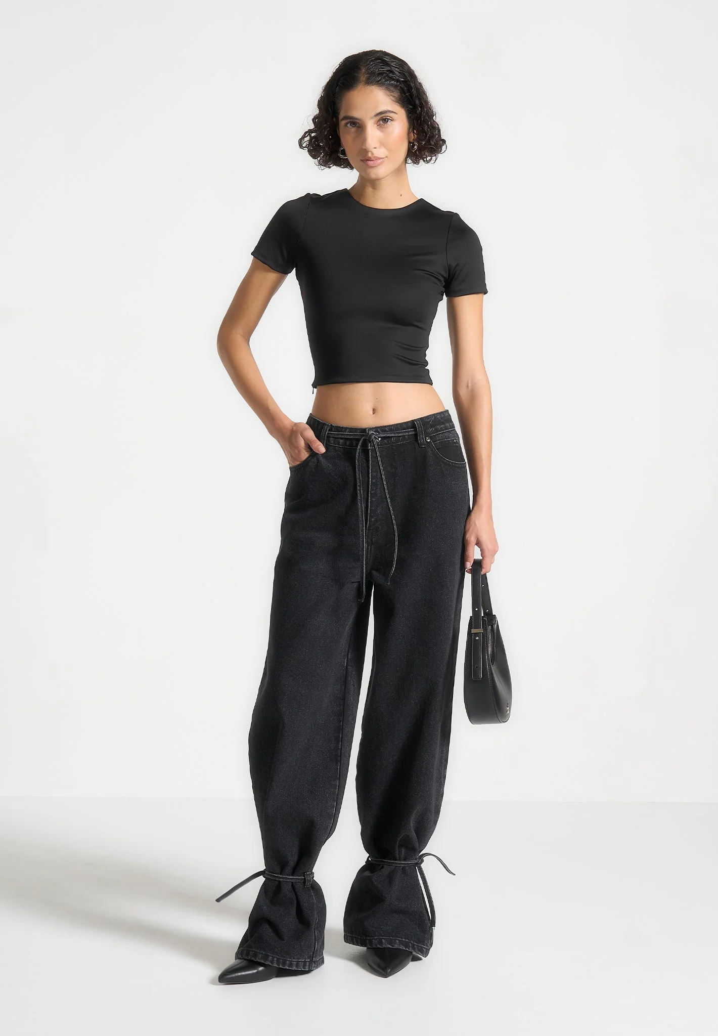 Faye - Wide Mid Rise Jeans with Tie Waist - Washed Black - Image 4