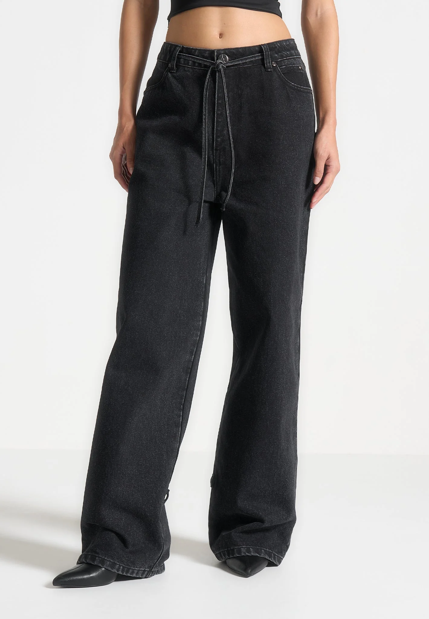 Faye - Wide Mid Rise Jeans with Tie Waist - Washed Black - Image 8