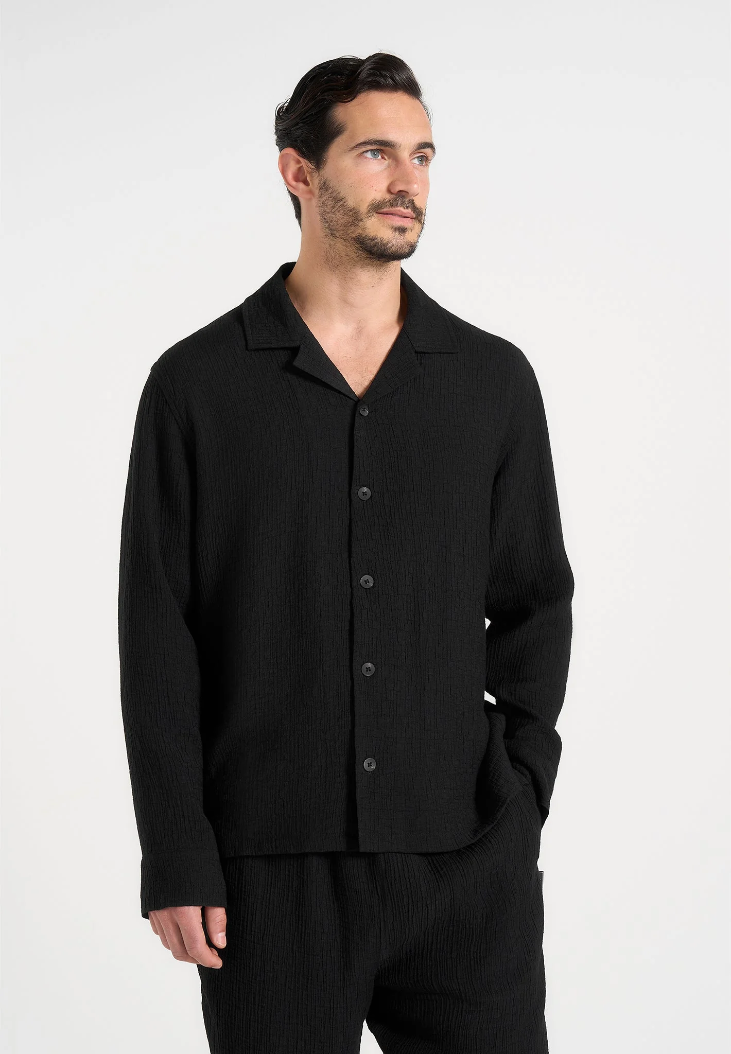 Bailey - Unisex Textured Long Sleeve Shirt - Black - Image 5