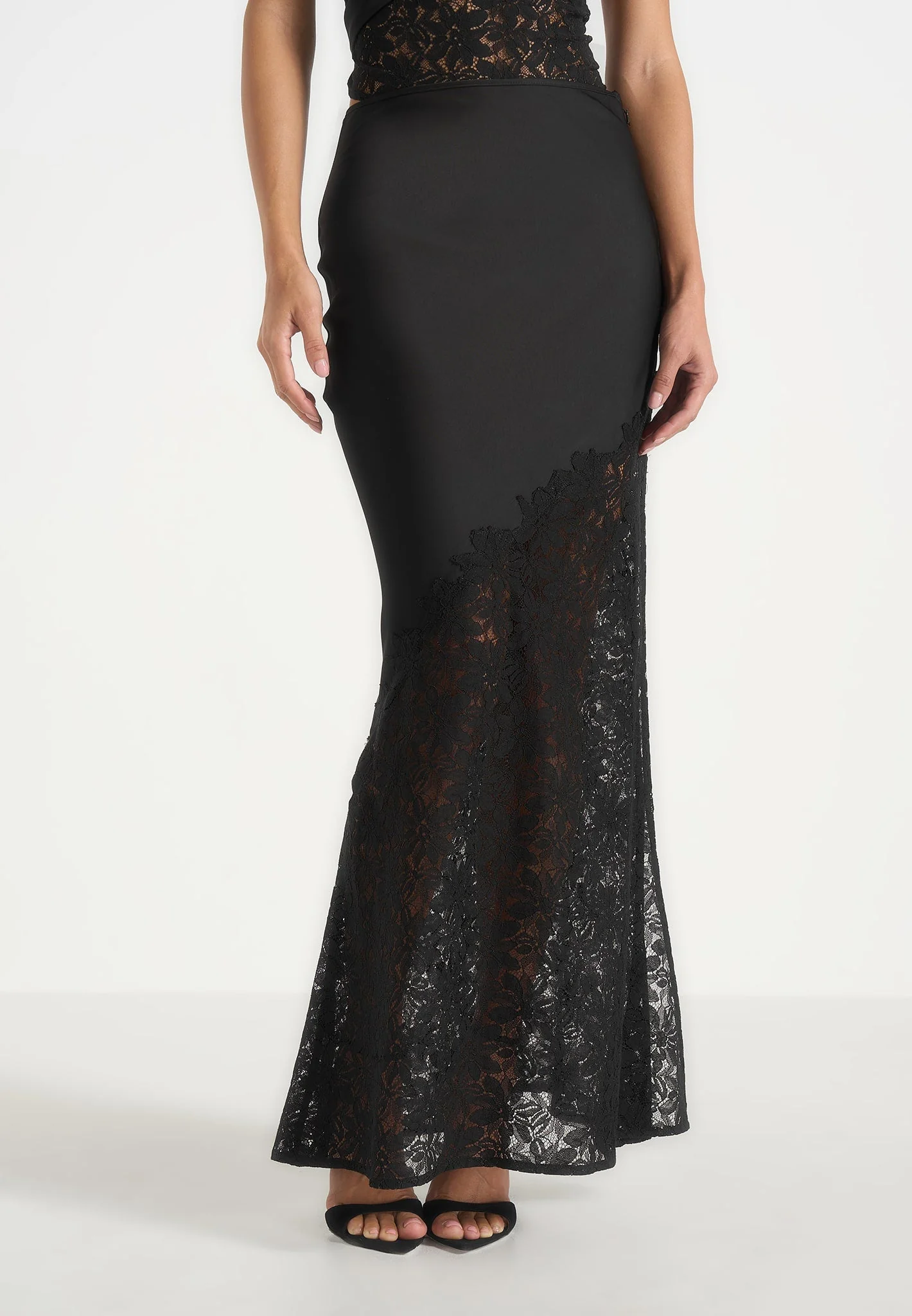 Belle - Satin and Lace Maxi Skirt - Black