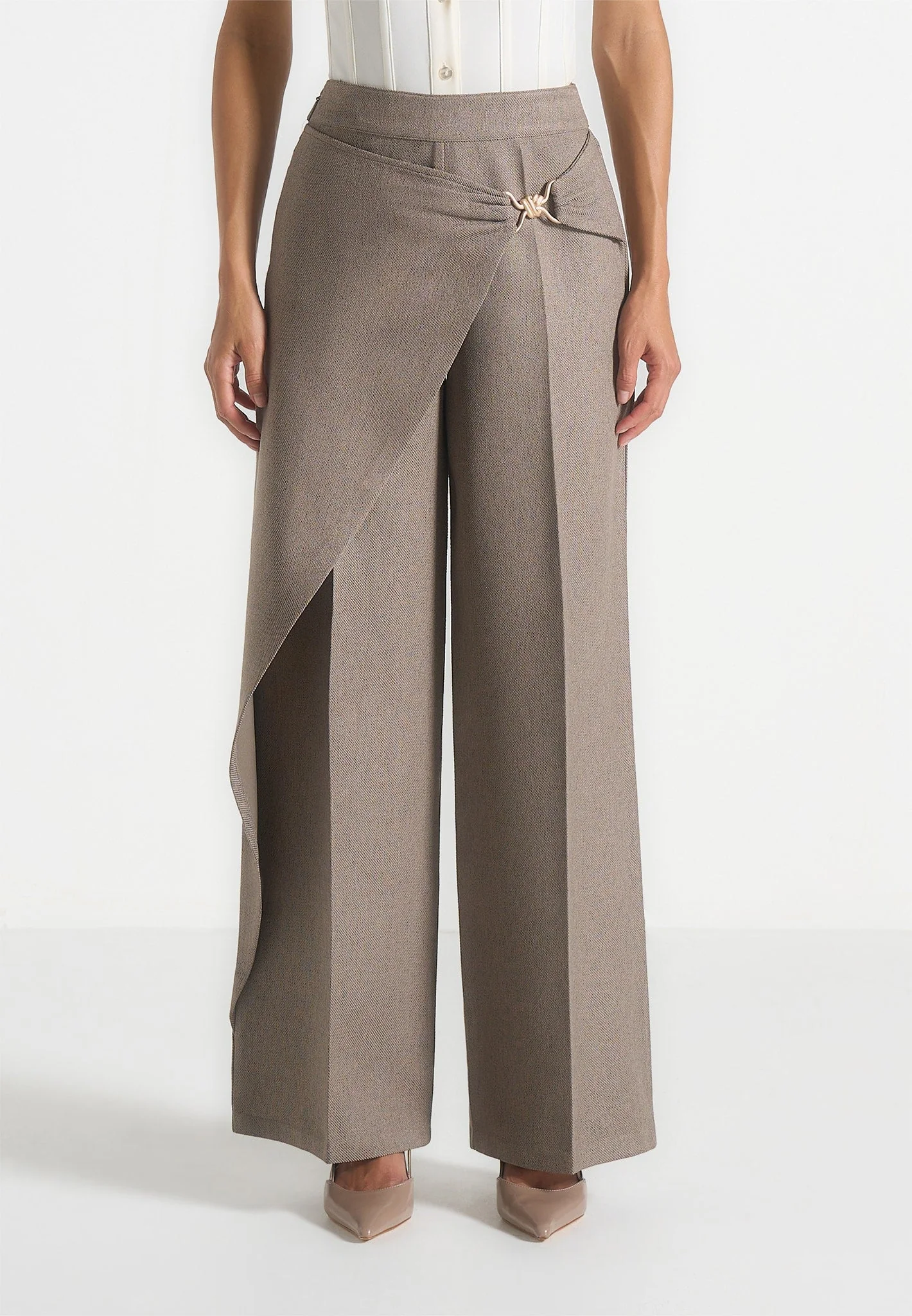 Beryl - Wrap Tailored Trousers With Hardware Detail - Taupe - Image 4