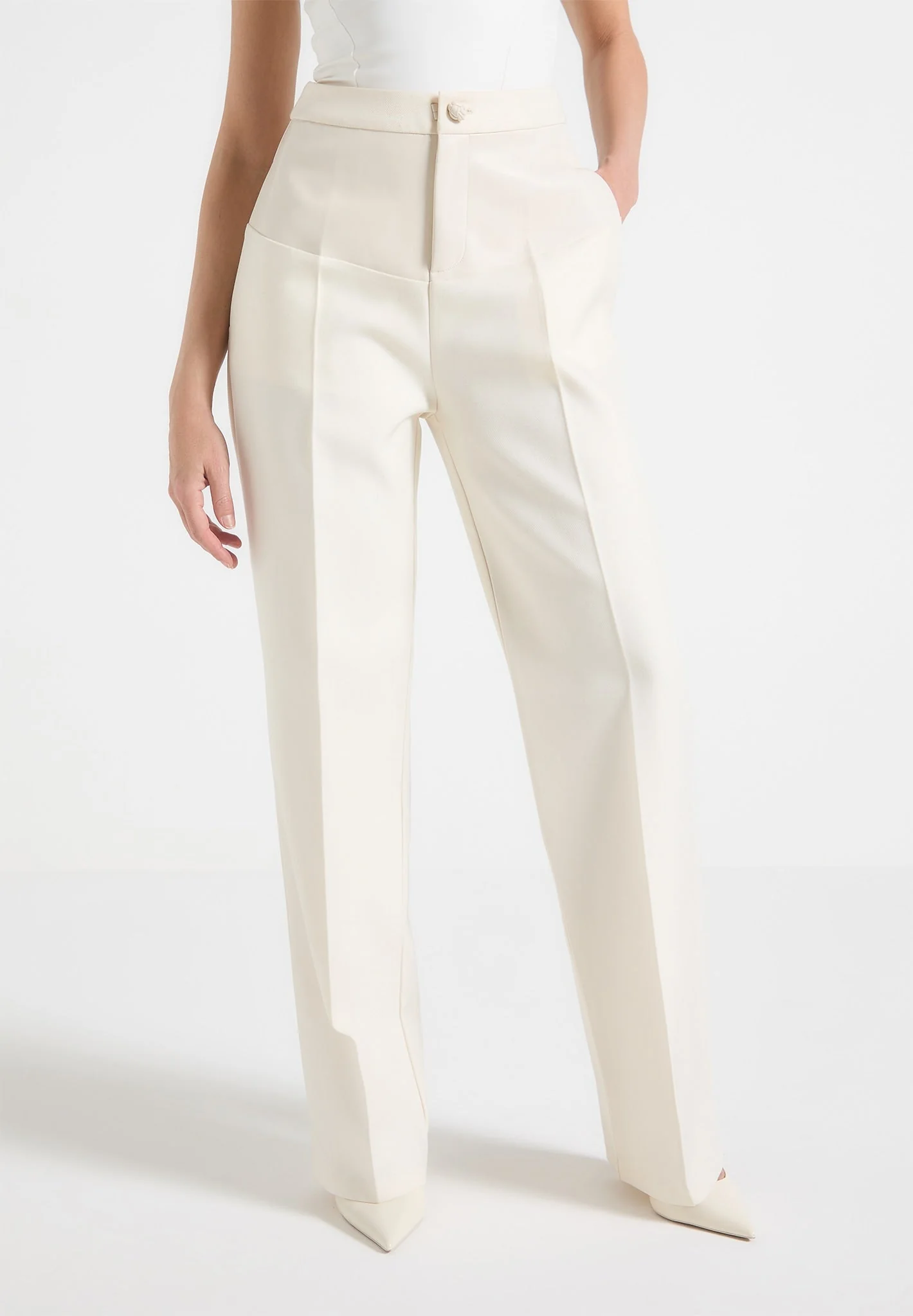 Blanche - Leather Panel Tailored Trousers - Off White