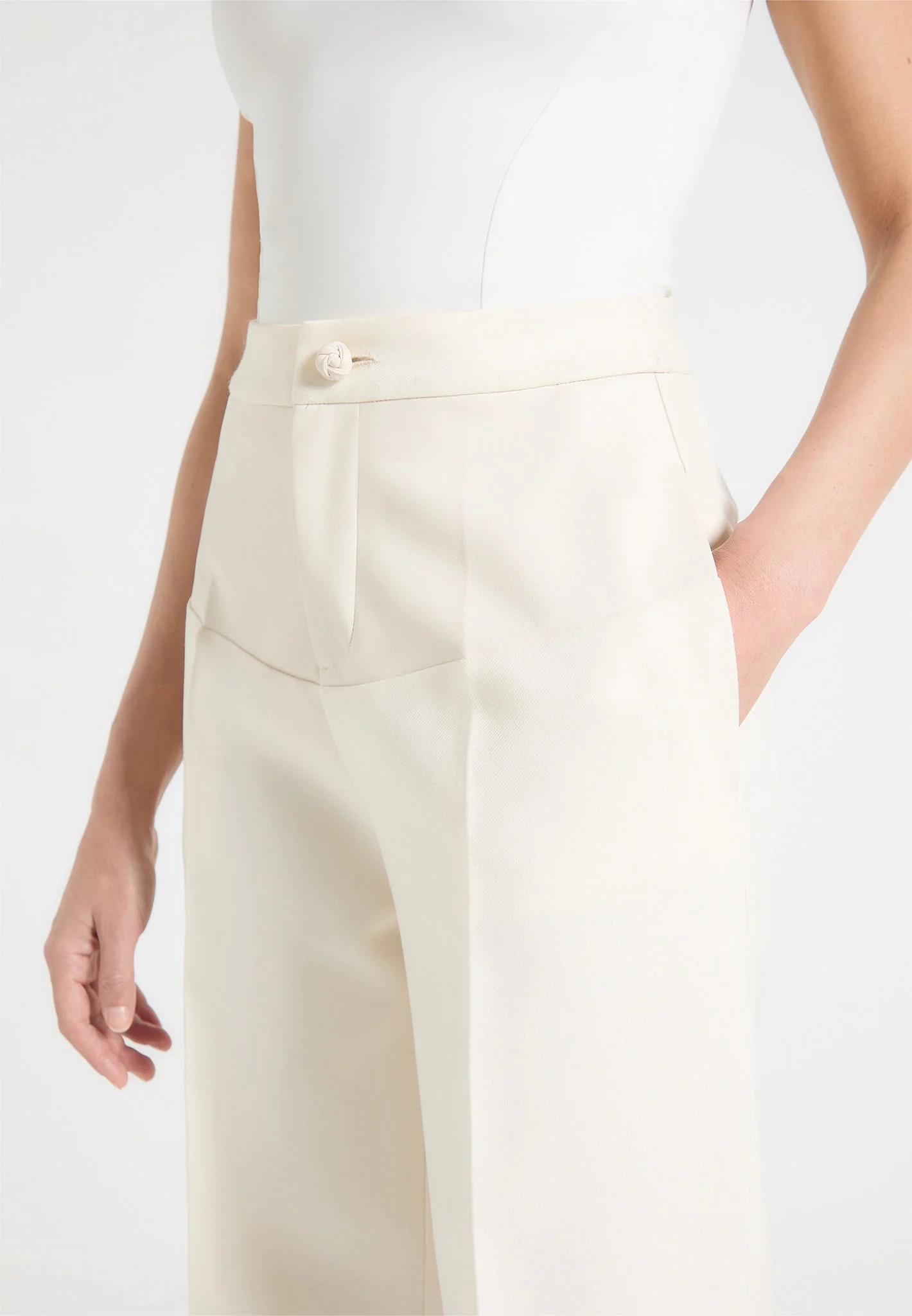 Blanche - Leather Panel Tailored Trousers - Off White - Image 4