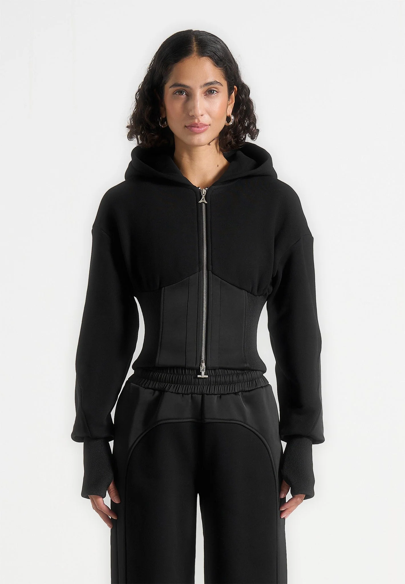 Brune - Corset Jersey And Satin Zip Hoodie - Black - Image 3