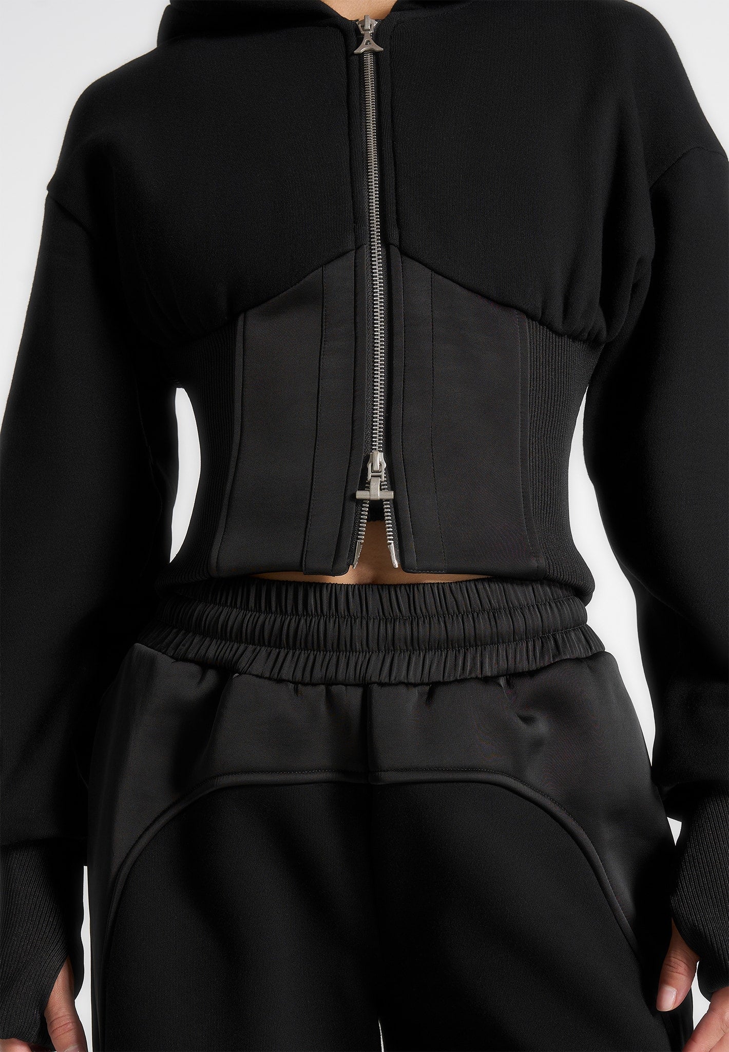 Brune - Corset Jersey And Satin Zip Hoodie - Black - Image 4